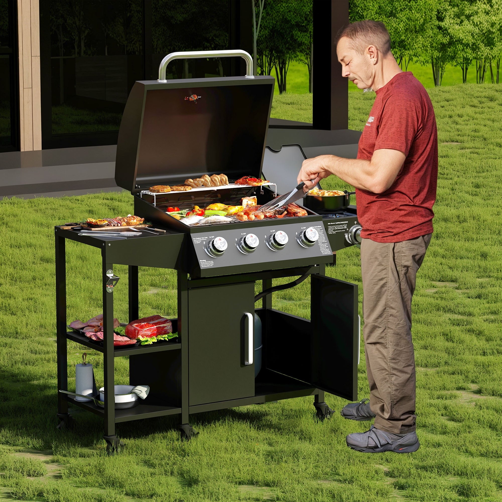 4 Burner Propane Gas Grill with 3 Tier Shelf, 50000 BTU Outdoor Cooking Stainless Steel BBQ Grills Cabinet,Can be Placed Smoke Box，Black