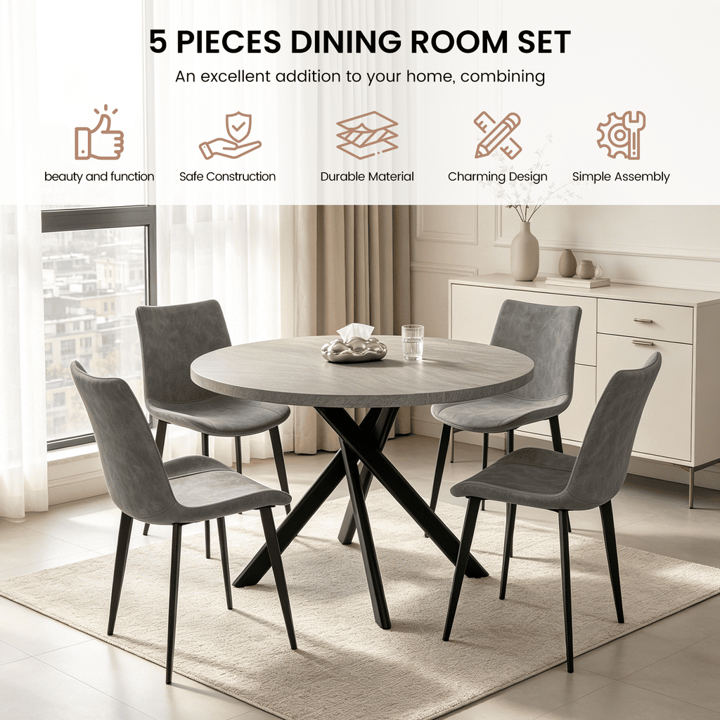 43.5 Round Dining Table for 4, Space Saving Kitchen Table with Metal Legs, Mid Century Modern Dining Table for Dining Living Room Apartment Small Space
