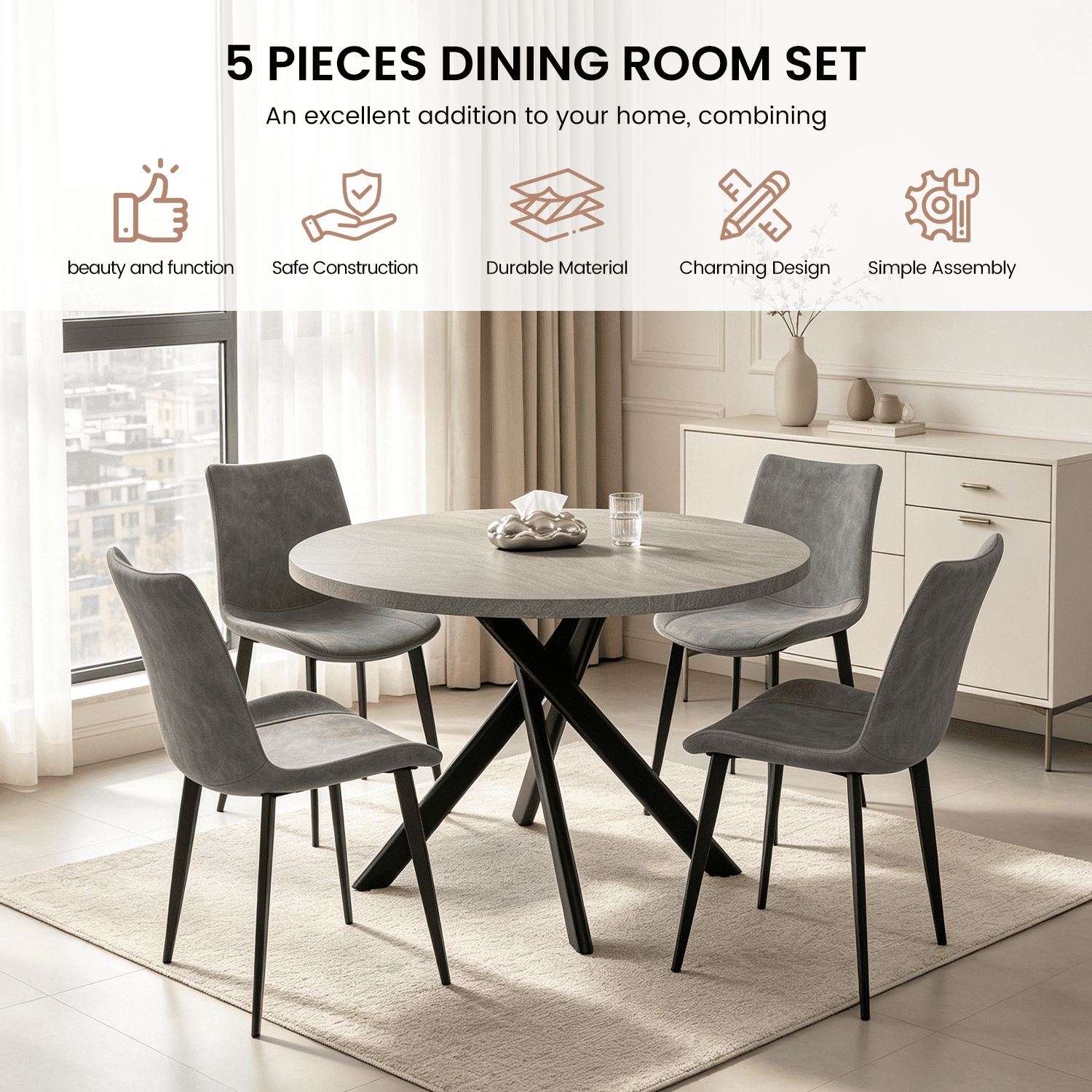 43.5 Round Dining Table for 4, Space Saving Kitchen Table with Metal Legs, Mid Century Modern Dining Table for Dining Living Room Apartment Small Space