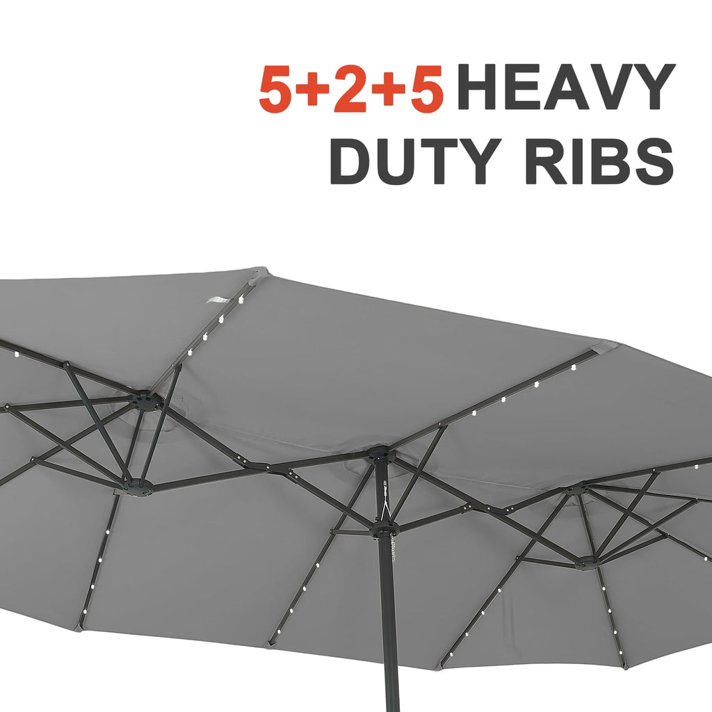 Ainfox 15ft Large Patio Umbrella with Solar Lights, Double-Sided Outdoor Rectangle Table Umbrellas with Sand Bag Base，Beige