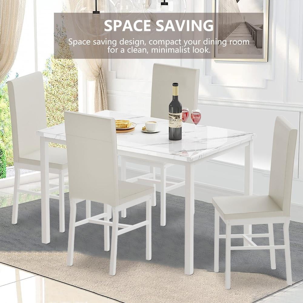 5 Piece Dining Table Set, Modern Faux Marble Tabletop and 4 PU Leather Upholstered Chairs, Rectangle Kitchen Table and Chairs for 4 Persons, Small Dining Set for Bar Dining Room Breakfast Nook