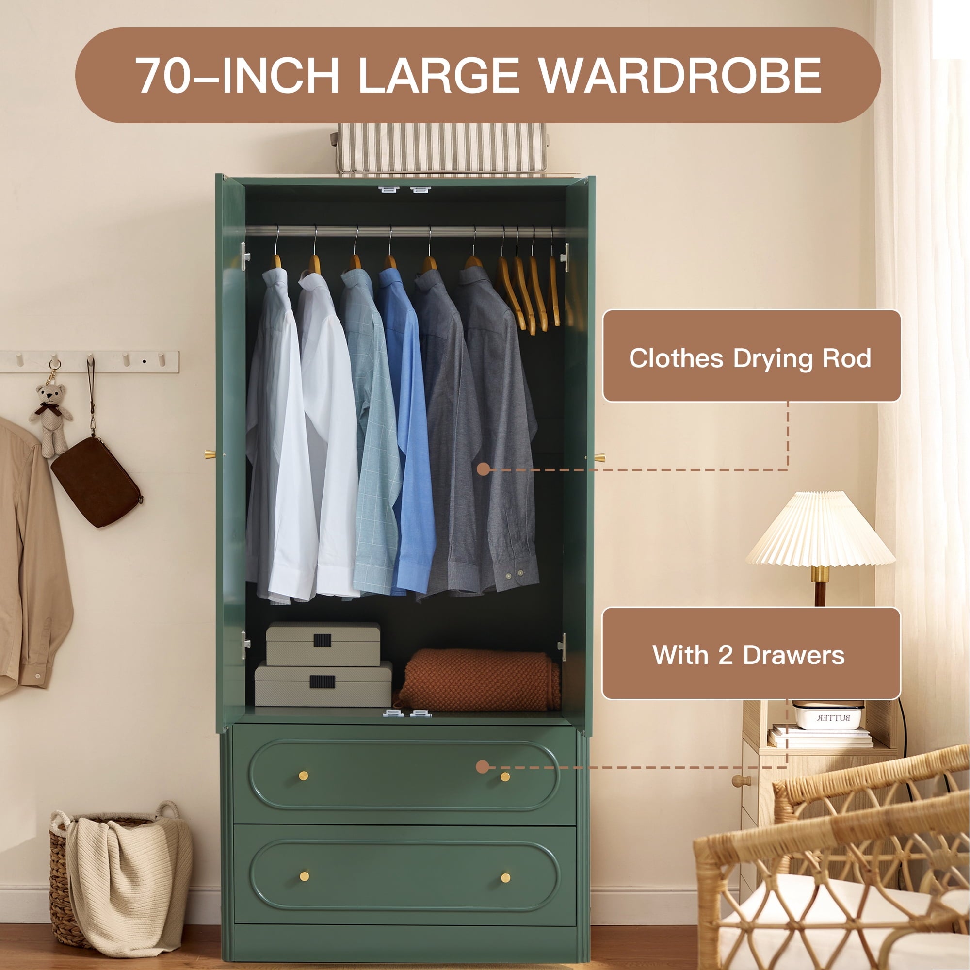 Wirrytor Freestanding Wooden Armoire Wardrobe with 2 Woven Doors and Storage Drawers, Space-Saving Closet Cabinet for Bedroom, Sturdy Mdf Board Closet with Hanging Rail