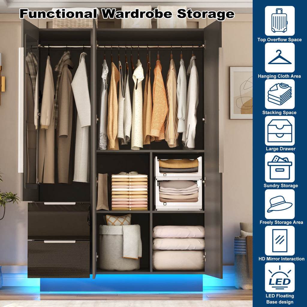 ANPOO 3 Door Wardrobe Closet with 2 Drawers & Mirror, 70H High Gloss LED Wardrobe Armoire with Hanging Rod, Wooden Large Freestanding Storage Wardrobe for Bedroom, High Gloss White Armoire