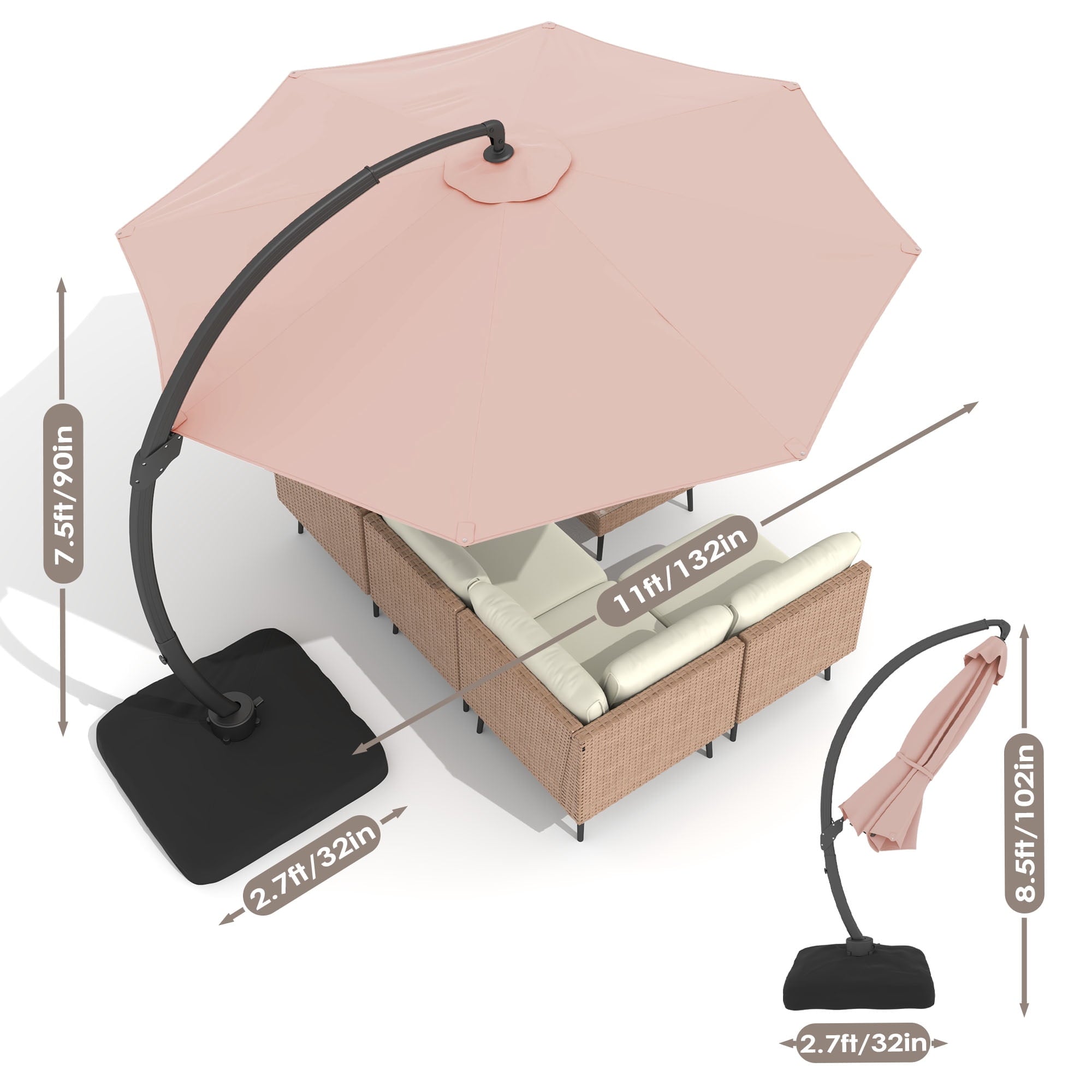 LAZZO 11ft Outdoor Patio Umbrella with Base, Aluminum Offset Cantilever Umbrella for Pool Deck, Champagne