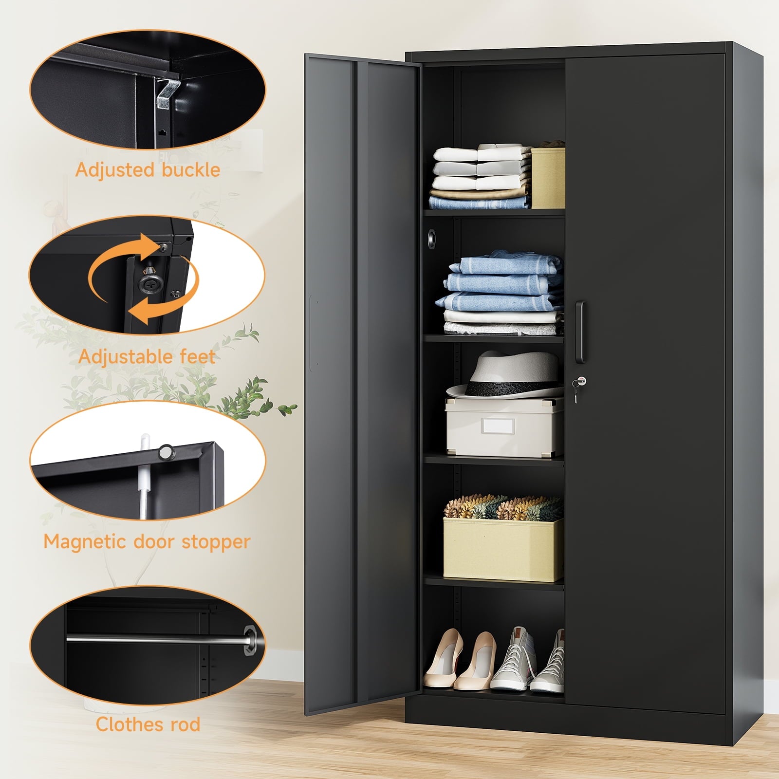 STANI Metal Wardrobe Closet with Hanging Rod, 72 White Armoire Wardrobe Cabinet with Adjustable Shelves, Clothes Storage Organizer Cabinets for Bedroom, Bathroom, Office