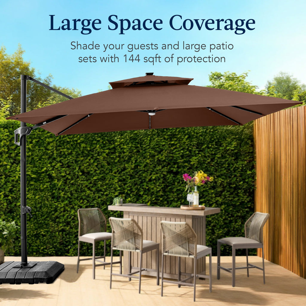Best Choice Products 12x12ft 2-Tier Square Outdoor Solar LED Cantilever Umbrella w/ 360-Rotating Base   Gray