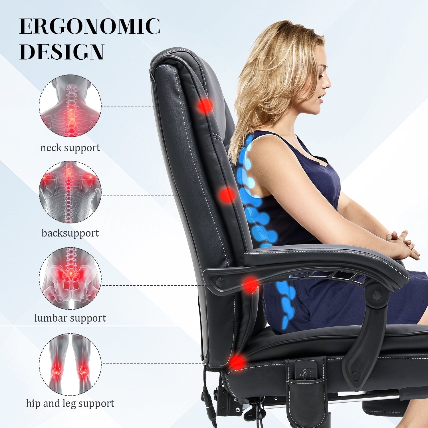 HOMREST Ergonomic Office Chair with 6-Point Massage & Heating, Adjustable Executive Desk Chair with Retractable Footrest, PU Leather Home Office Desk Chair for Home & Office (Black)