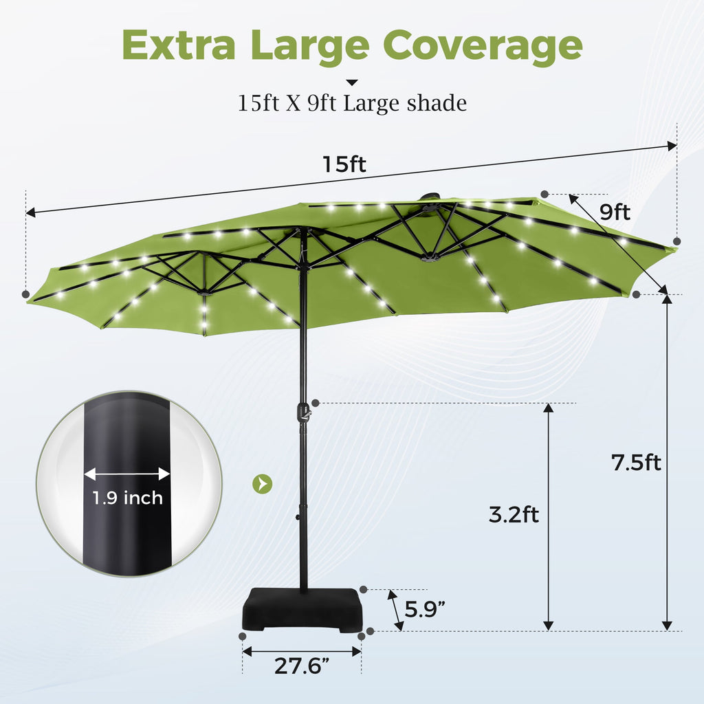 Alpha Joy 15ft Extra Large Outdoor Patio Double-Sided Umbrella with LED Solar Lights & Umbrella Base, Beige