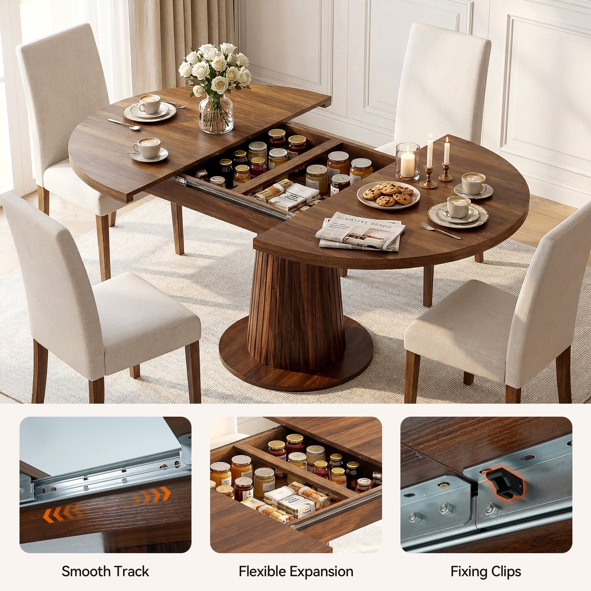 Keenstone Round Dining Table 43-59 Extendable, for 4 to 6, with Storage Space, Kitchen Dinner Room Table for Dining Room and Small Space Walnut