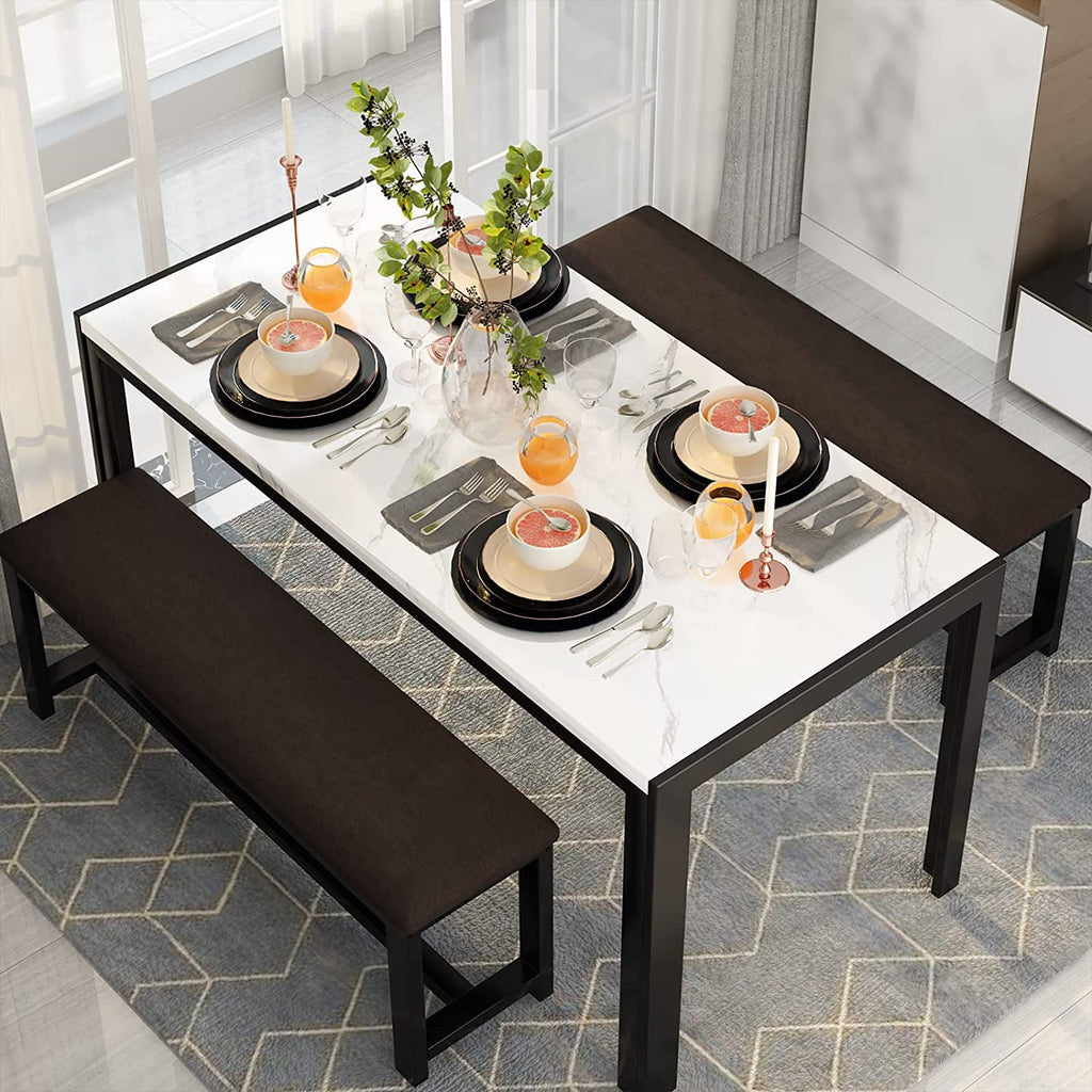 MIERES Kitchen Dining Set: Rectangular solid wood dining table with two benches, suitable for 2 to 4 people, small dining set, black