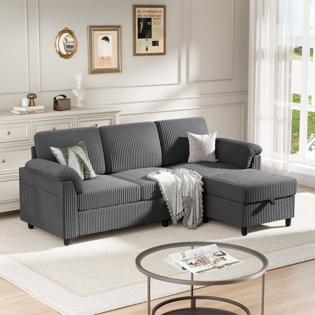 Walsunny 69 Convertible Sectional Sofa Couch with Storage Ottoman,L Shaped Sofa with Removable Pillows & Linen Fabric, Modern 3-Seat Couch with Reversible Storage Chaise,Dark Gray