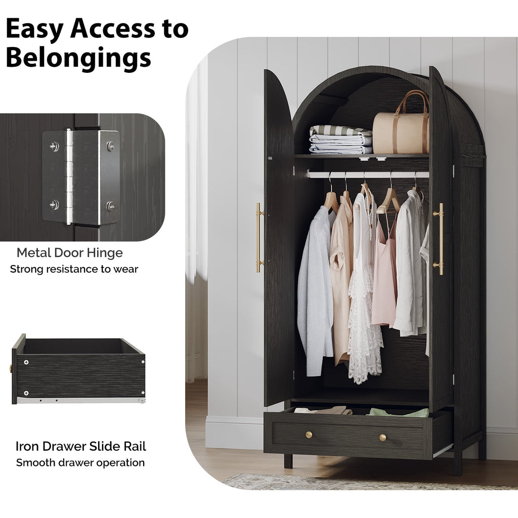 Ktaxon Wardrobe Armoire Closet with Hanging Rod, Modern Drawer & Shelf – Elegant White Finish Closet, Farmhouse to Mid-Century Style