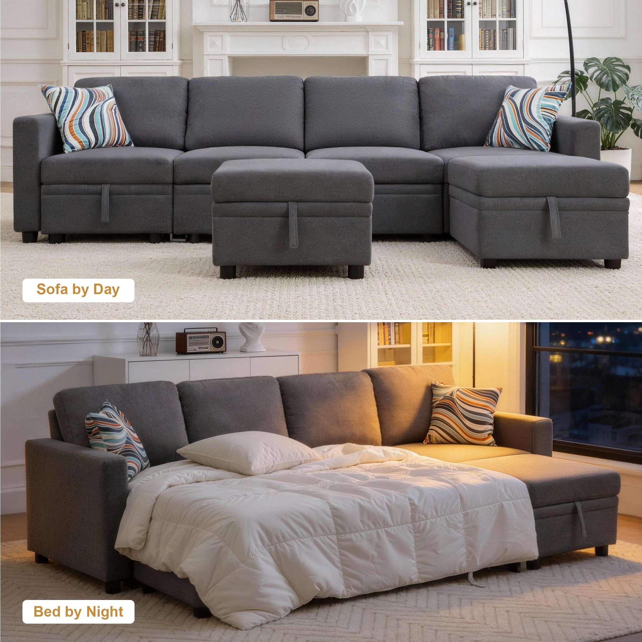 AENKYO 102 U-Shaped Sectional Sofa Bed, Linen Pull Out Sleeper Couch with Storage Seats for Living Room，White