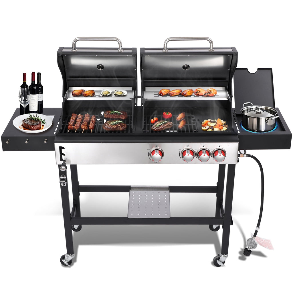 3 Burner Gas & Charcoal Combo Grill with Side Burner, Outdoor BBQ Propane Grill, 673 Sq. In. Cast Iron Grates & Reversible Griddle, 37200 BTU Stainless Steel Lid for Backyard Cooking