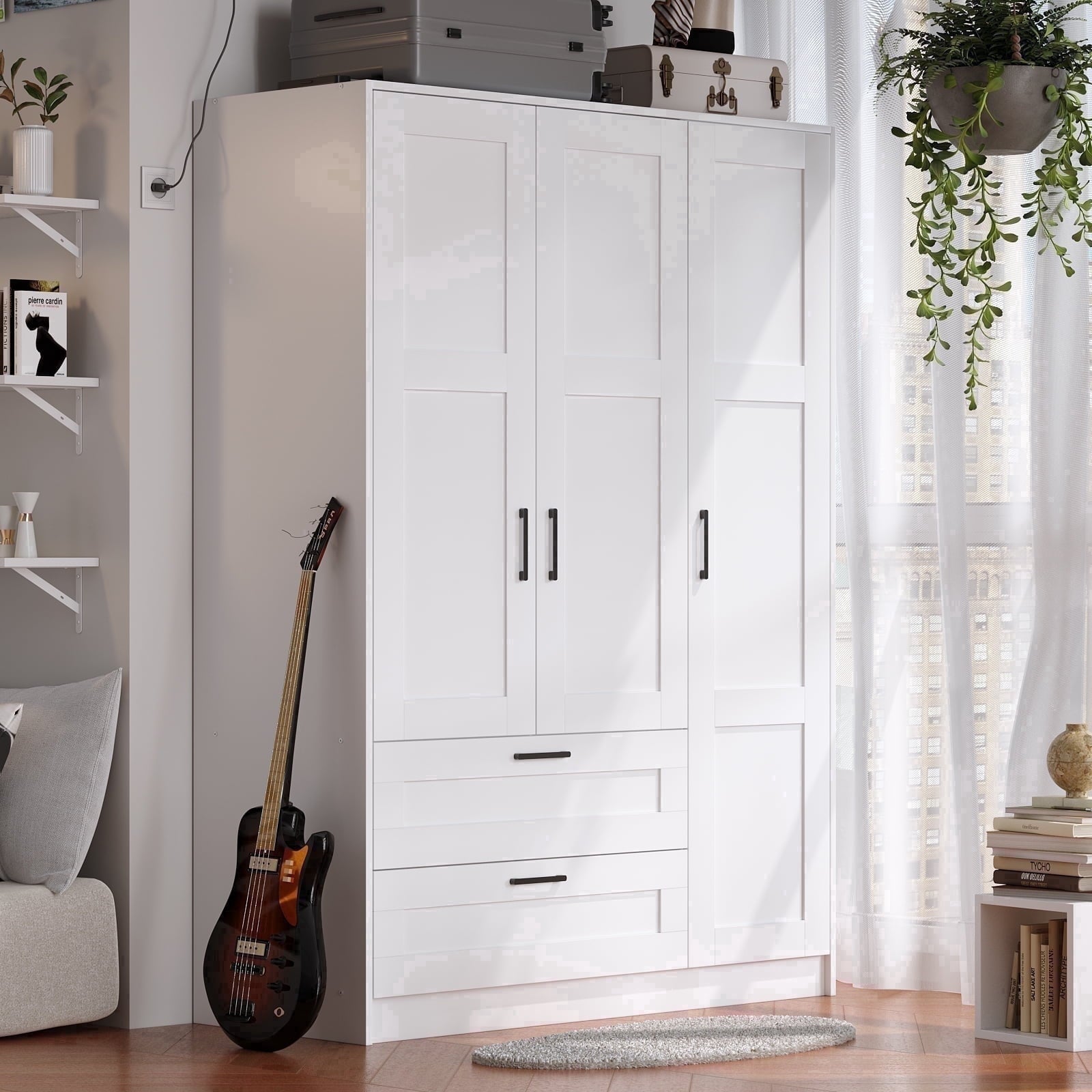 3 Doors Wooden Wardrobe Closet Armoire, White Storage Cabinet for Hanging Clothes, Bedroom Large Capacity Freestanding Armoire,Wood Wardrobe Combination with Shelves