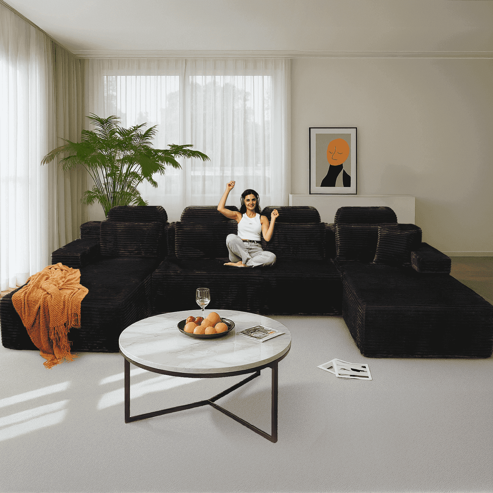 71 High Backrest Sofa for Small Spaces, Compressed Corduroy Couch with Deep Seating for Living Room, Bedroom, Dark Grey