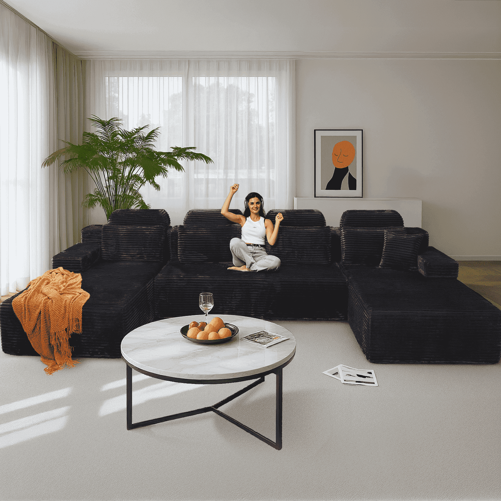 71 High Backrest Sofa for Small Spaces, Compressed Corduroy Couch with Deep Seating for Living Room, Bedroom, Dark Grey