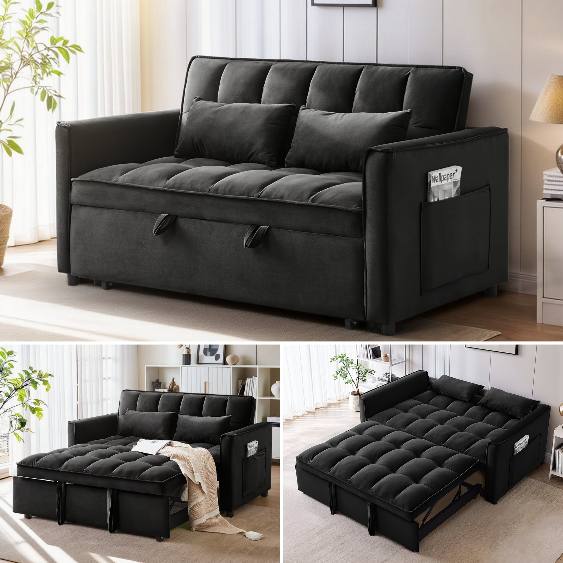 Anpport 3-in-1 Convertible Sleeper Sofa Bed, Pull-Out Loveseat Couch with Adjustable Back for Small Spaces, Velvet Fabric, 55, Dark Gray