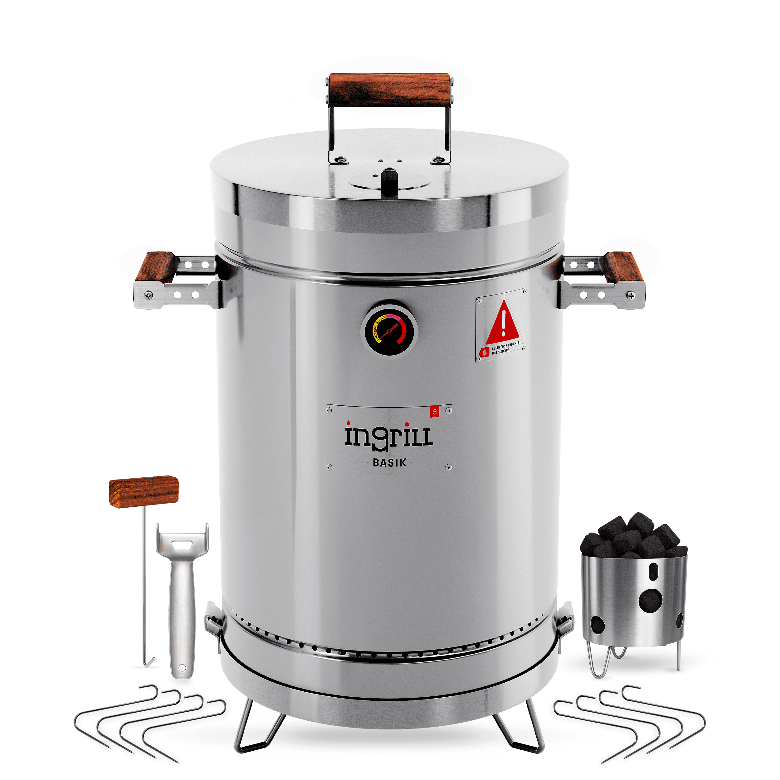 3-in-1 Stainless Steel Smoker Barrel Grill – Portable Charcoal BBQ with Thermometer, 6 lbs Outdoor Cooking Smoker for Camping, Backyard & Home BBQ INGRILL
