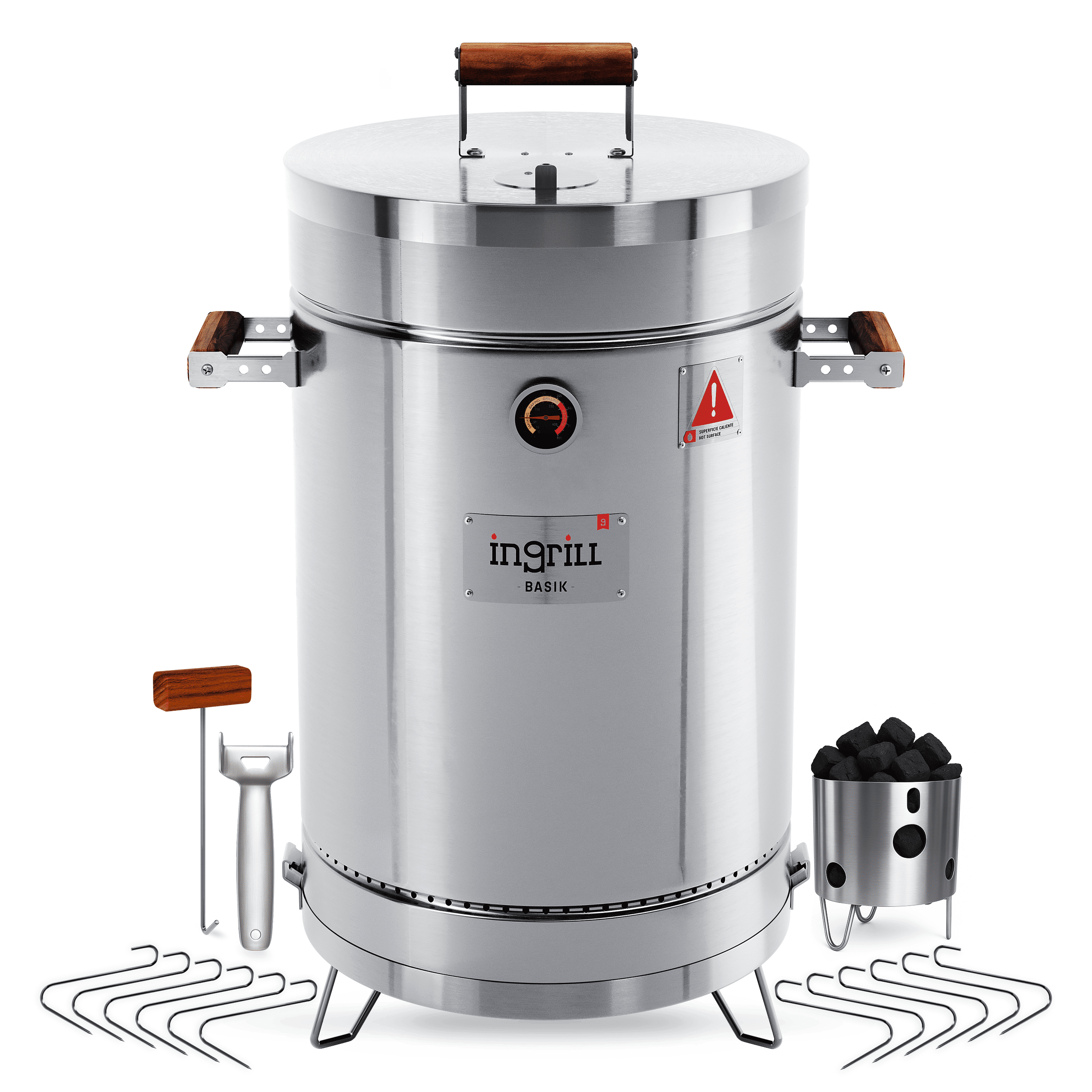 3-in-1 Stainless Steel Smoker Barrel Grill – Portable Charcoal BBQ with Thermometer, 6 lbs Outdoor Cooking Smoker for Camping, Backyard & Home BBQ INGRILL