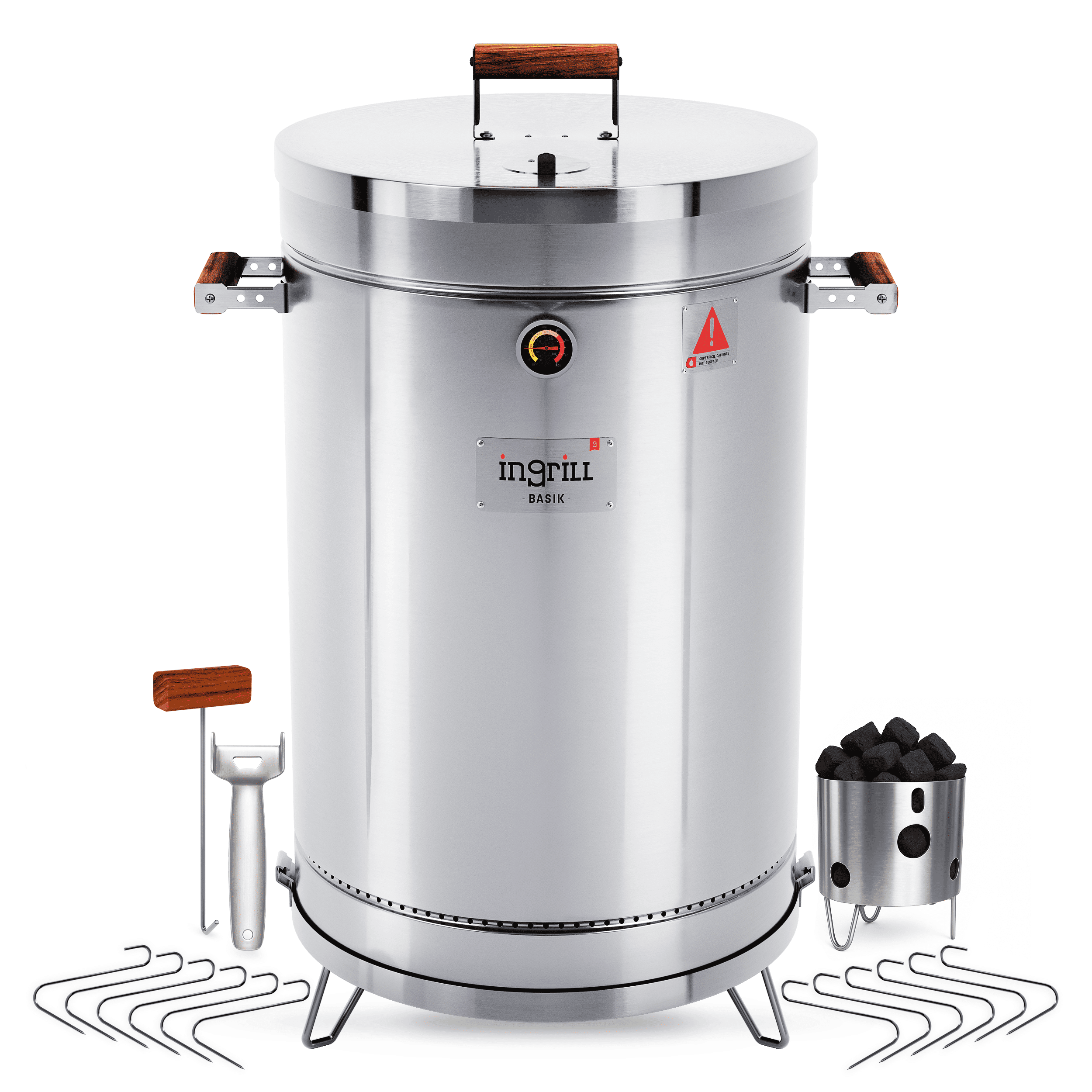 3-in-1 Stainless Steel Smoker Barrel Grill – Portable Charcoal BBQ with Thermometer, 6 lbs Outdoor Cooking Smoker for Camping, Backyard & Home BBQ INGRILL