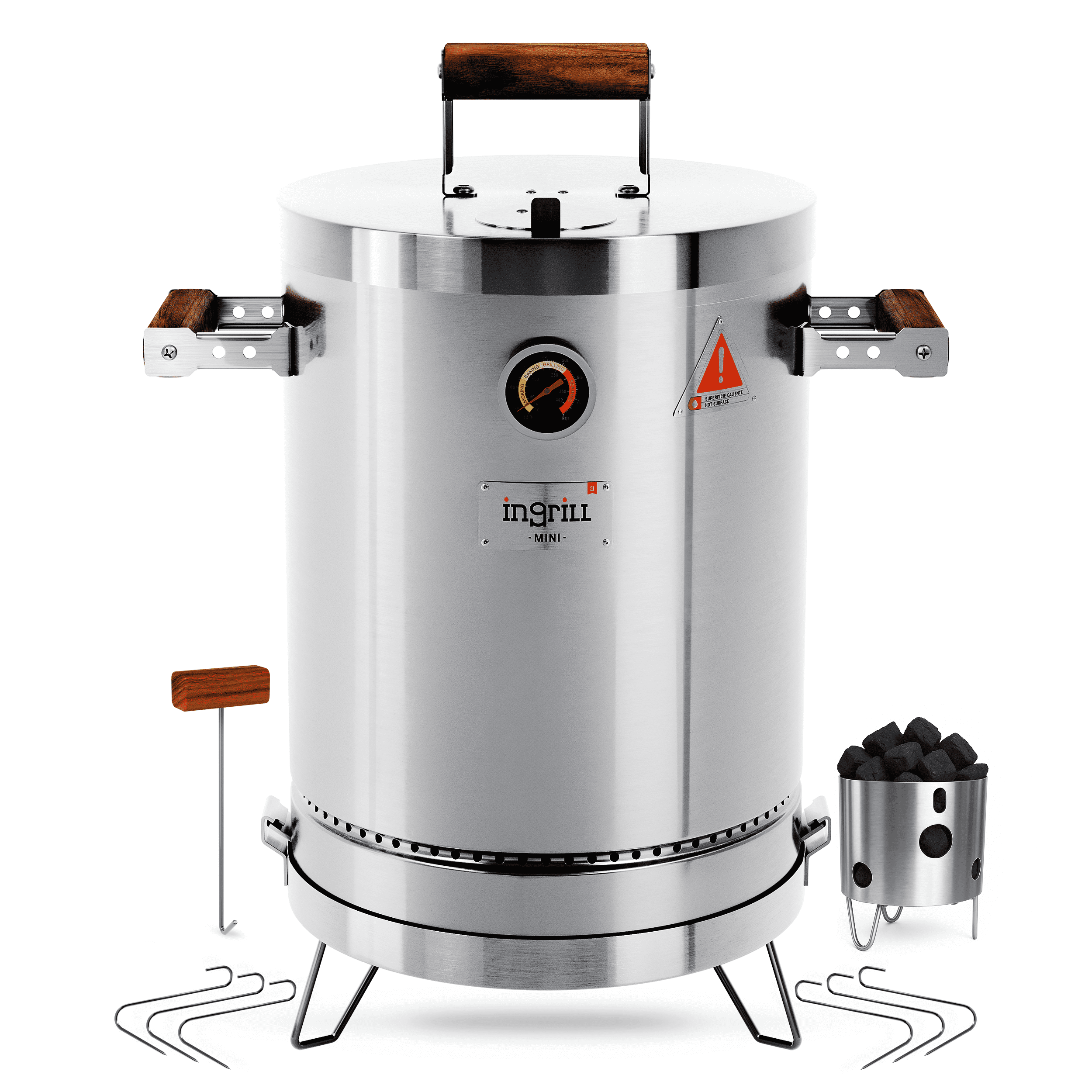 3-in-1 Stainless Steel Smoker Barrel Grill – Portable Charcoal BBQ with Thermometer, 6 lbs Outdoor Cooking Smoker for Camping, Backyard & Home BBQ INGRILL
