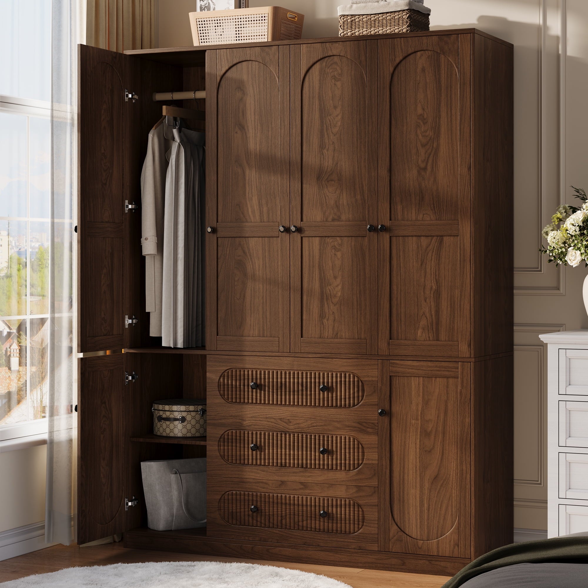 UGTOO 72H 4-Door Wardrobe Armoire with 3 Hanging Rods & 3 Drawers – Black Wooden Closet Storage Cabinet, Large Capacity Freestanding Clothes Organizer for Bedroom