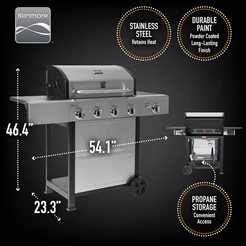 Kenmore 4-Burner Outdoor Propane Gas Grill with Side Burner, Open Cart, Stainless Steel