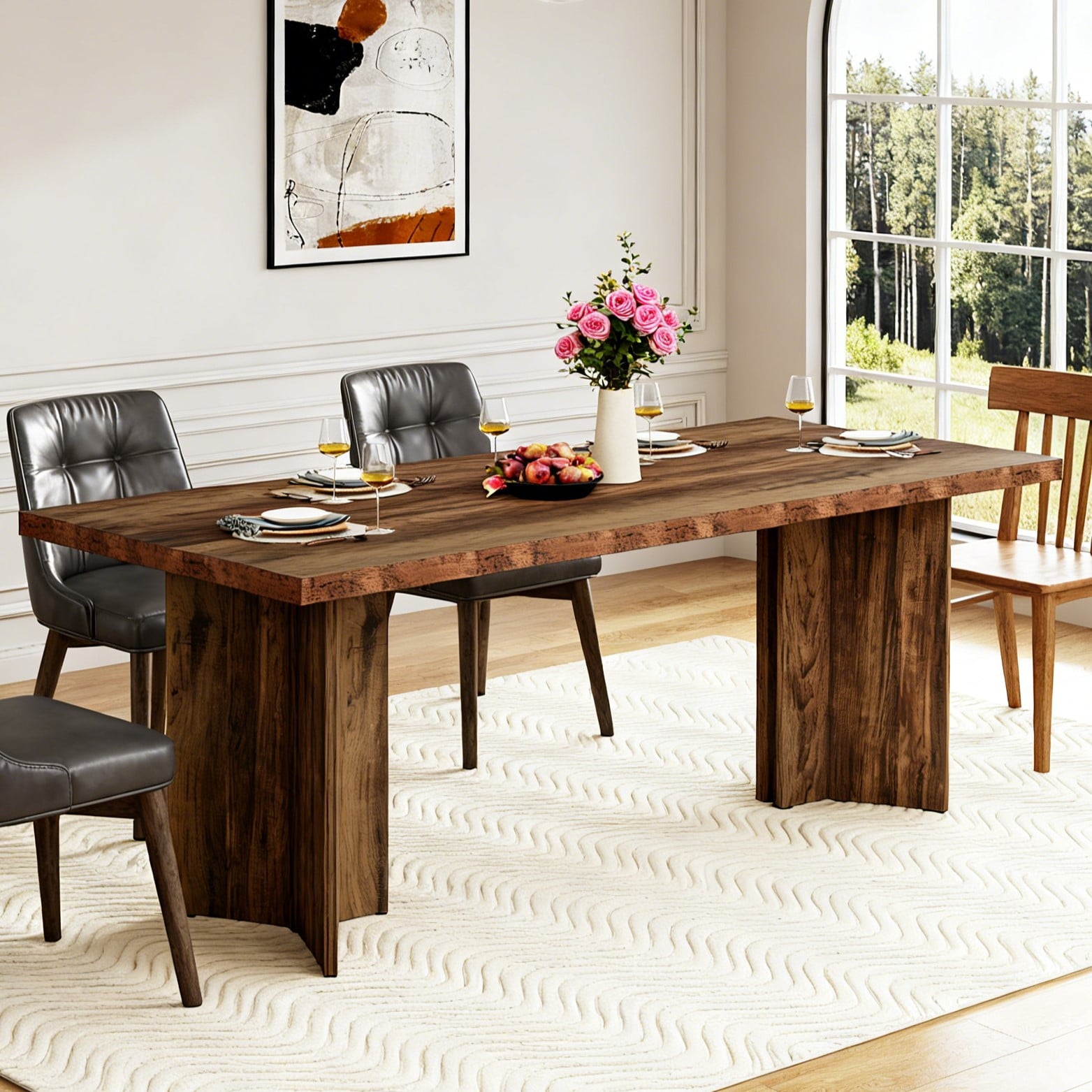 Fnova 63 Rectangular Modern Dining Table, Wooden Modern Kitchen Table for 6 People for Dining Room, Warm Brown (Chairs Not Included)