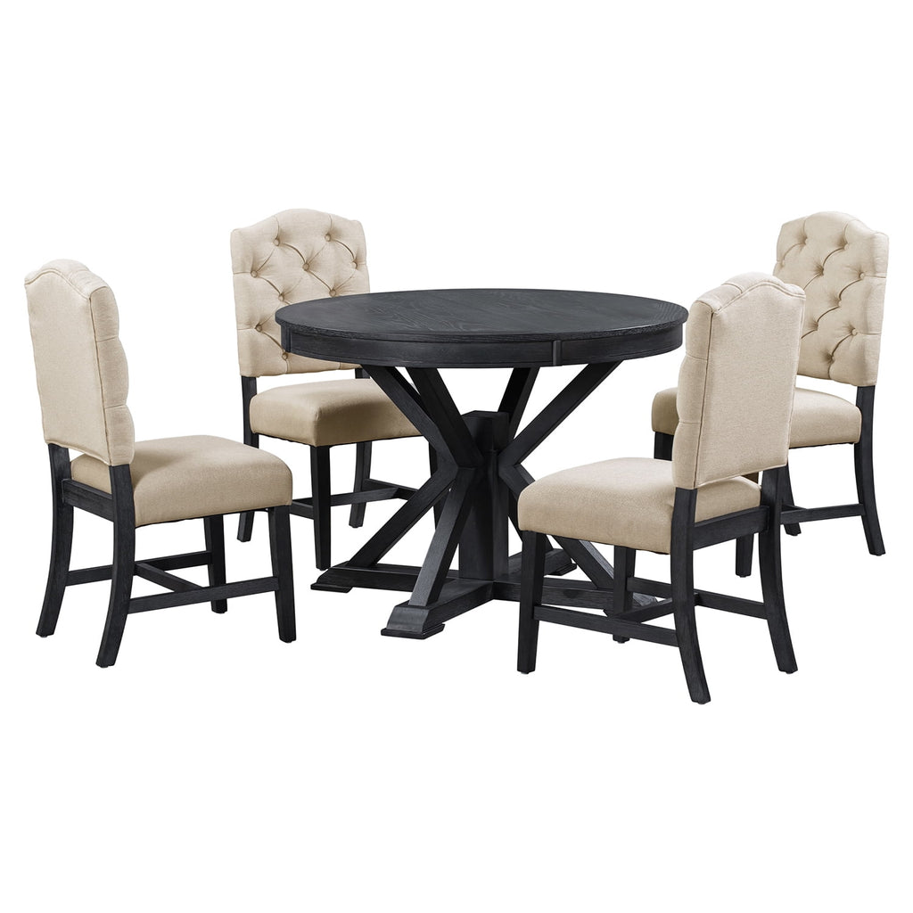 Harper & Bright Designs Extendable Dining Table Set for 4 Upholstered Chairs Functional Retro Style Table for Dining Room Kitchen, Natural Wood Wash