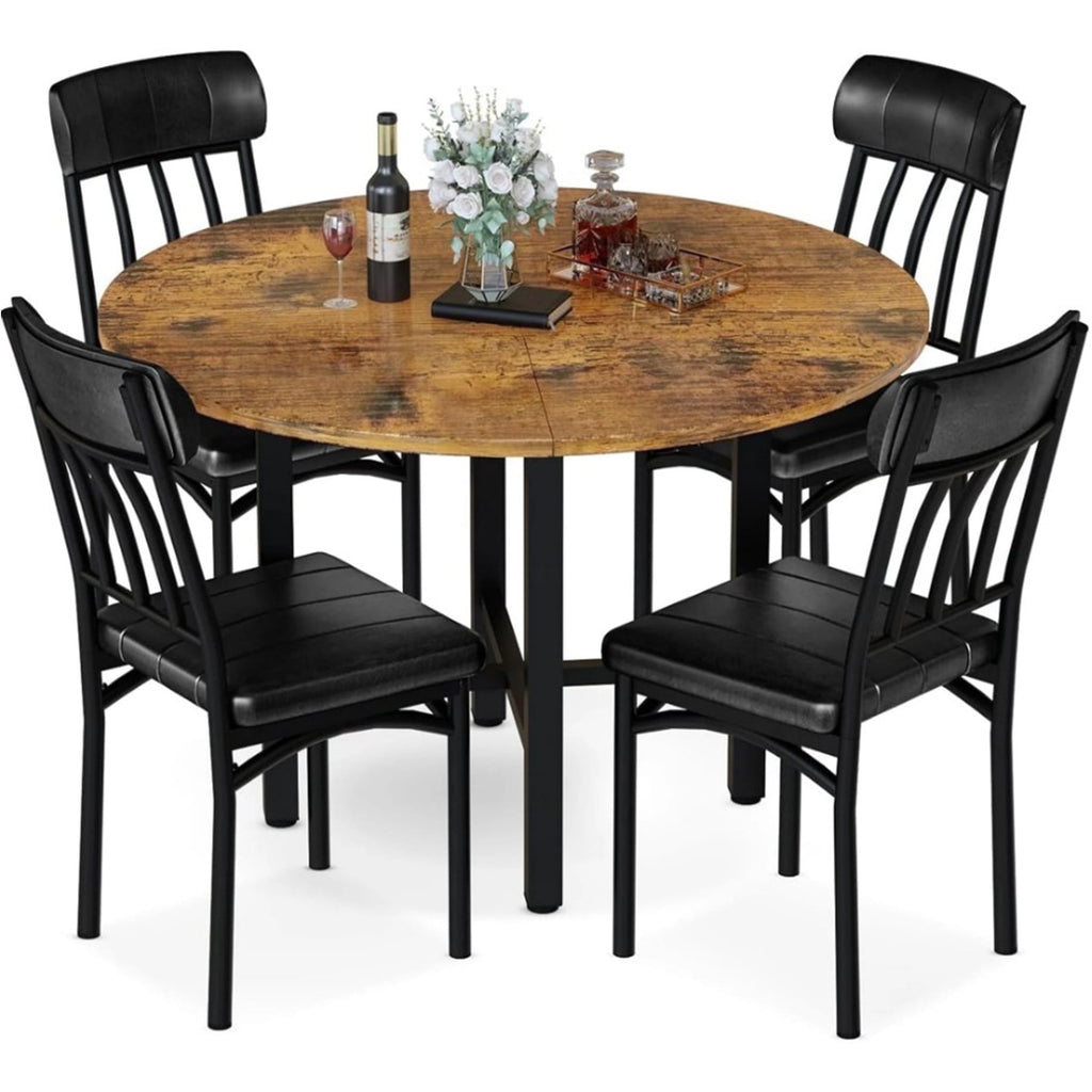 LinkRomat Round Dining Table Set for 4, Modern Dining Room Sets with 4 Faux Leather Chairs, Kitchen Dinner Wooden Table & Chair Set for Small Space, Grey