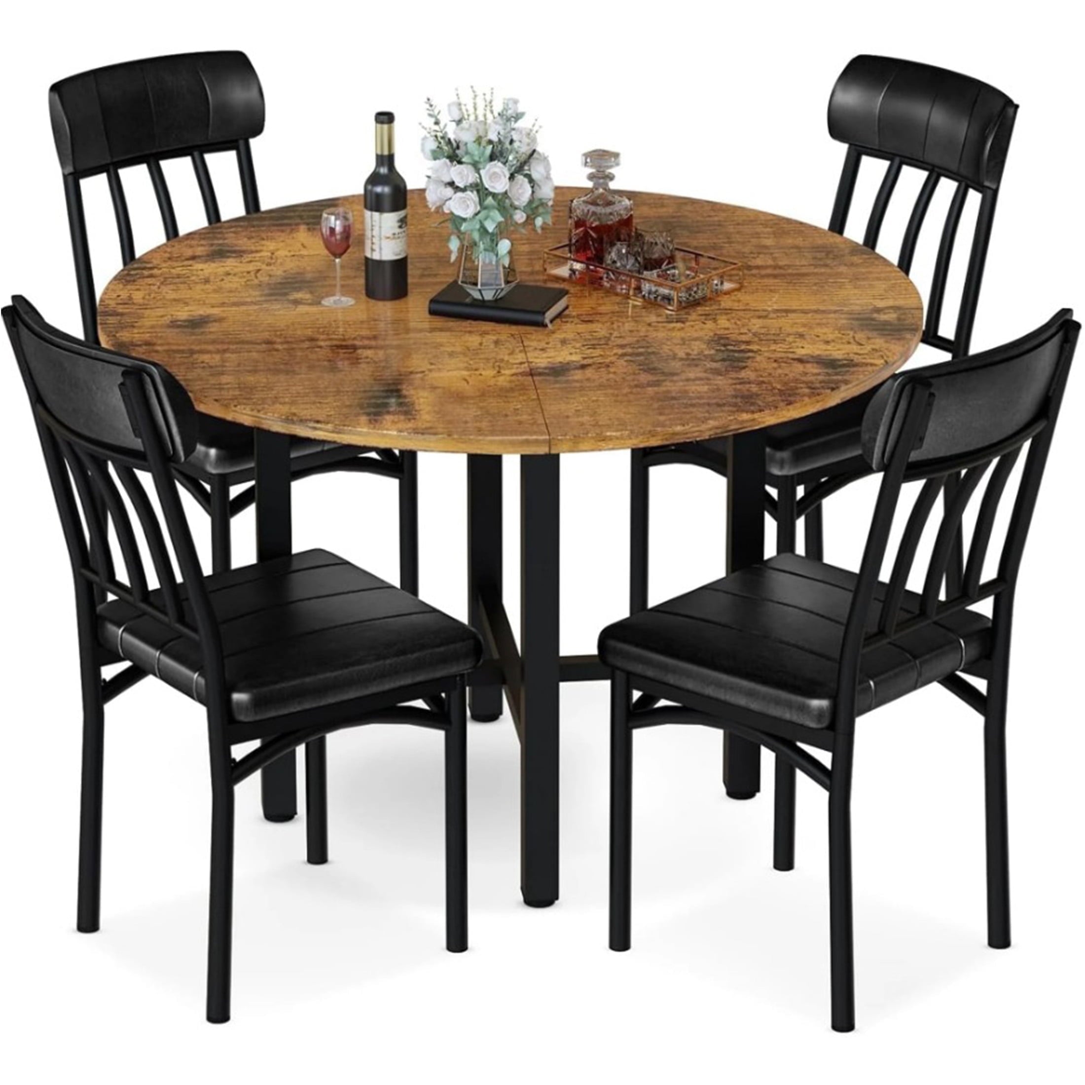 LinkRomat Round Dining Table Set for 4, Modern Dining Room Sets with 4 Faux Leather Chairs, Kitchen Dinner Wooden Table & Chair Set for Small Space, Grey