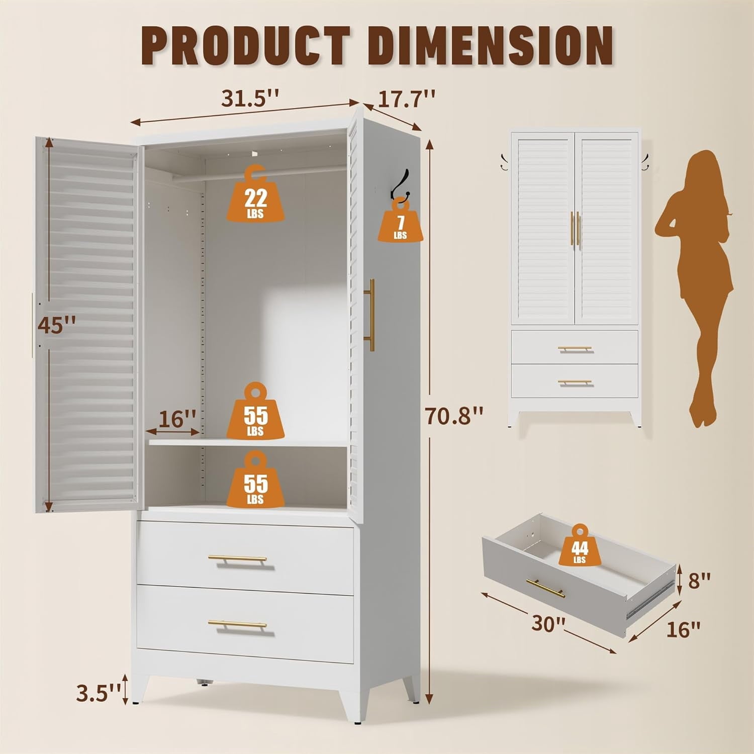 IKIMI 71H Metal Armoire Wardrobe Closet with Adjustable Hanging Rod and Drawers, Clothing Storage Cabinet for Bedroom, Bathroom, White