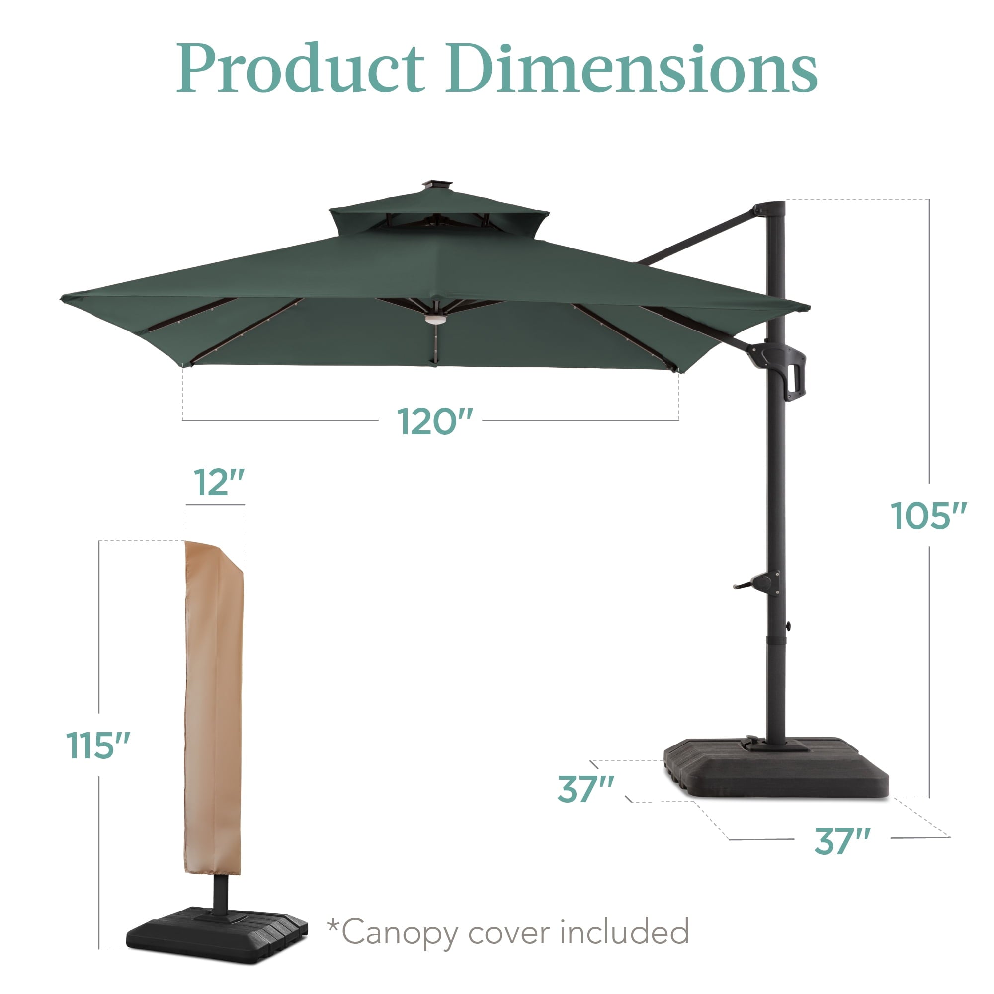 Best Choice Products 10x10ft 2-Tier Square Outdoor Solar LED Cantilever Patio Umbrella w/ Base Included - Tan