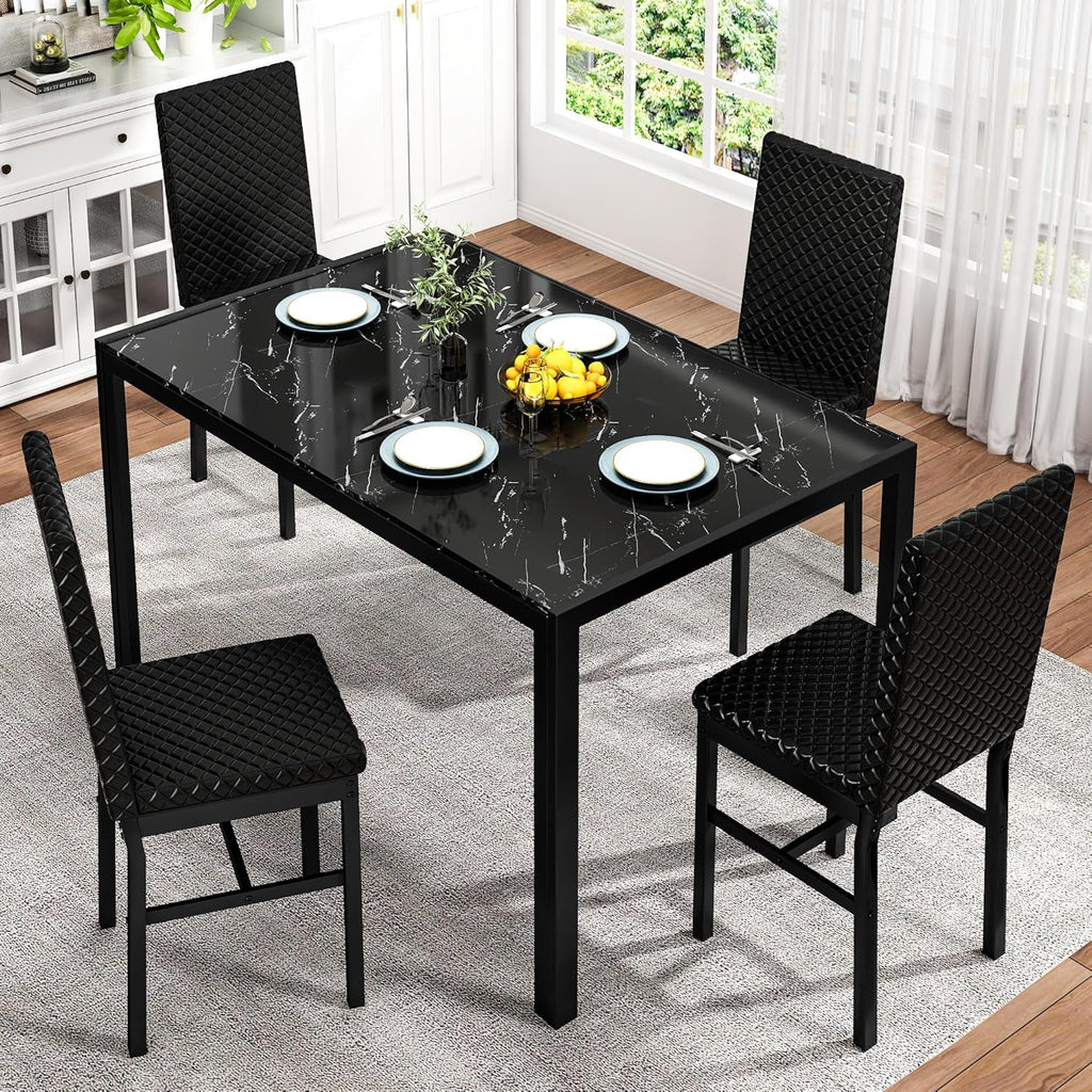 Baxluxe Dining Table Set for 4, Modern 5 Piece Dining Table Set, Faux Marble Kitchen Table and 4 Velvet Upholstered Chairs for Apartments, Dining Rooms, Small Spaces, Gray