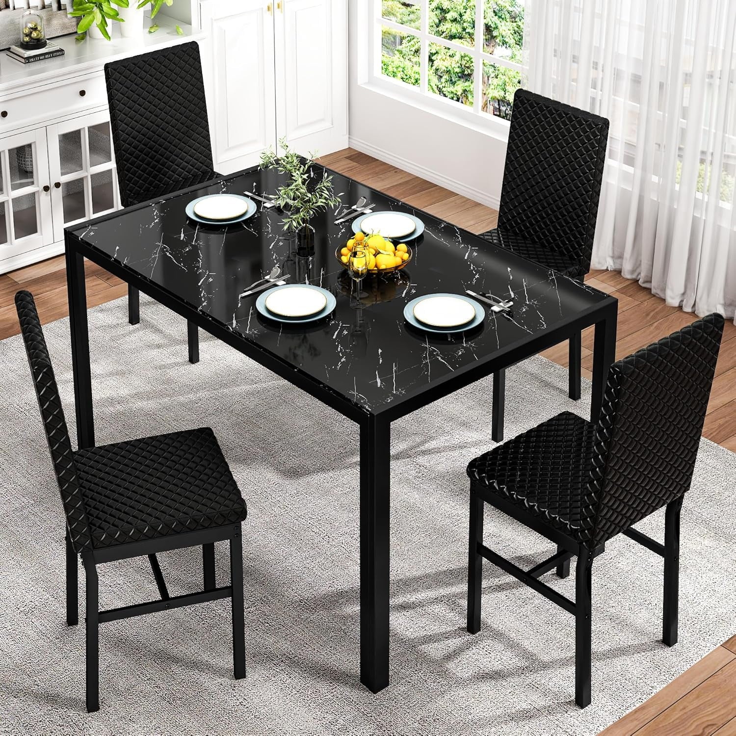 Baxluxe Dining Table Set for 4, Modern 5 Piece Dining Table Set, Faux Marble Kitchen Table and 4 Velvet Upholstered Chairs for Apartments, Dining Rooms, Small Spaces, Gray