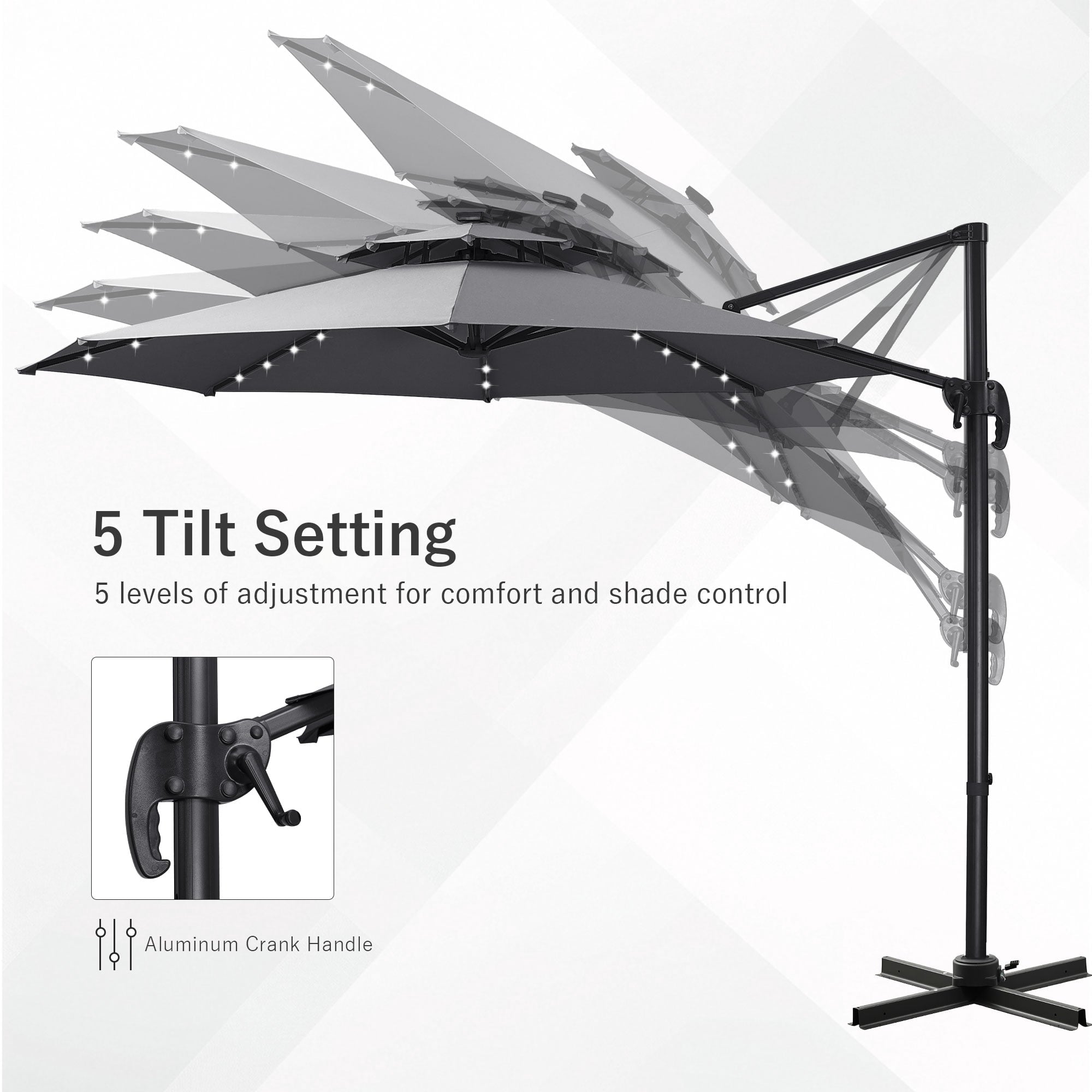 Ainfox 10ft Double Top Heavy-Duty Patio Cantilever Umbrella with lights and Cross Base, Outdoor Large Offset Hanging Aluminum Rotation Sun Shade Solar Umbrella with 360°Rotation Adjustable,Khaki