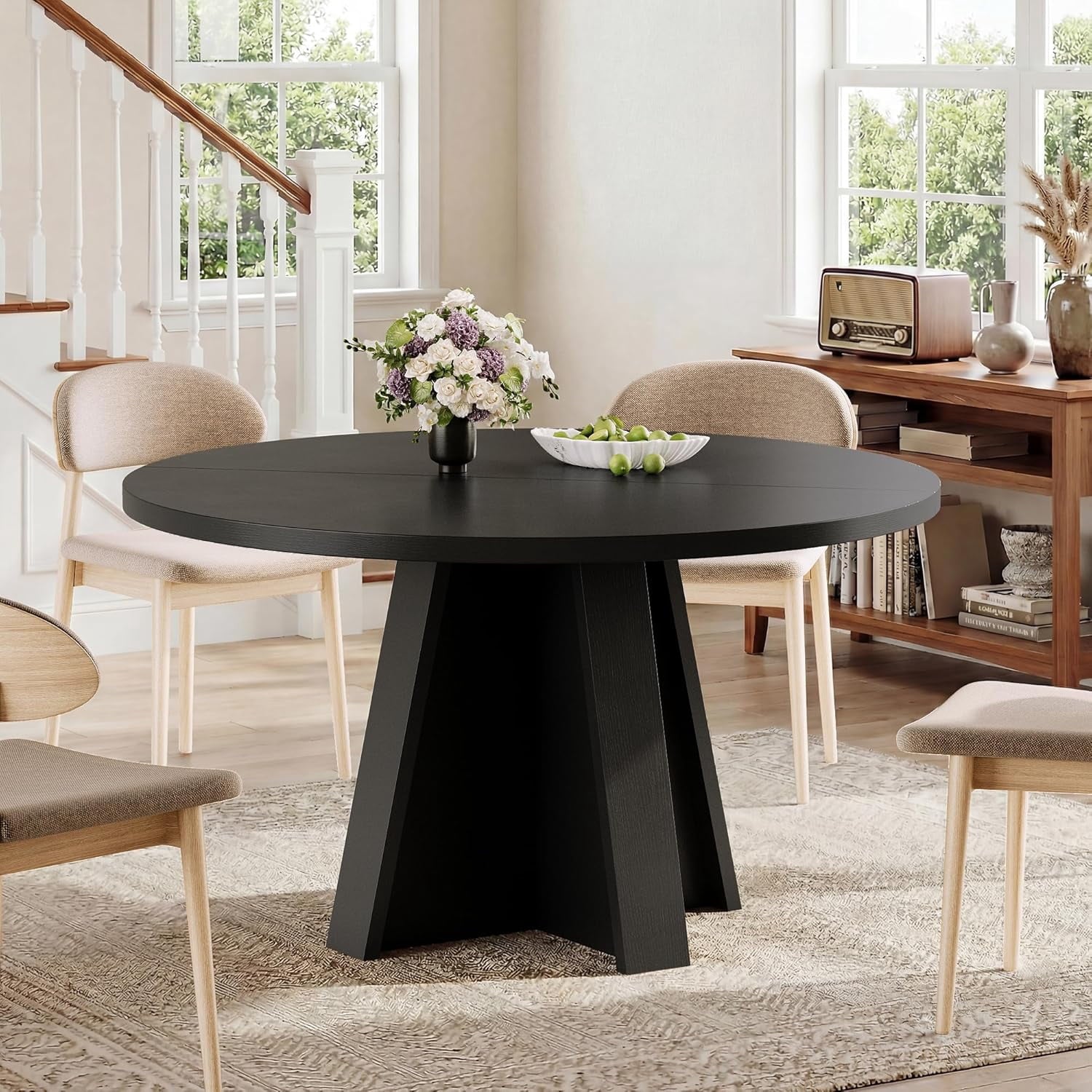Laisnet 47 Round Dining Table for 6, Modern Wooden Dinner Table for Kitchen Living Room, Black