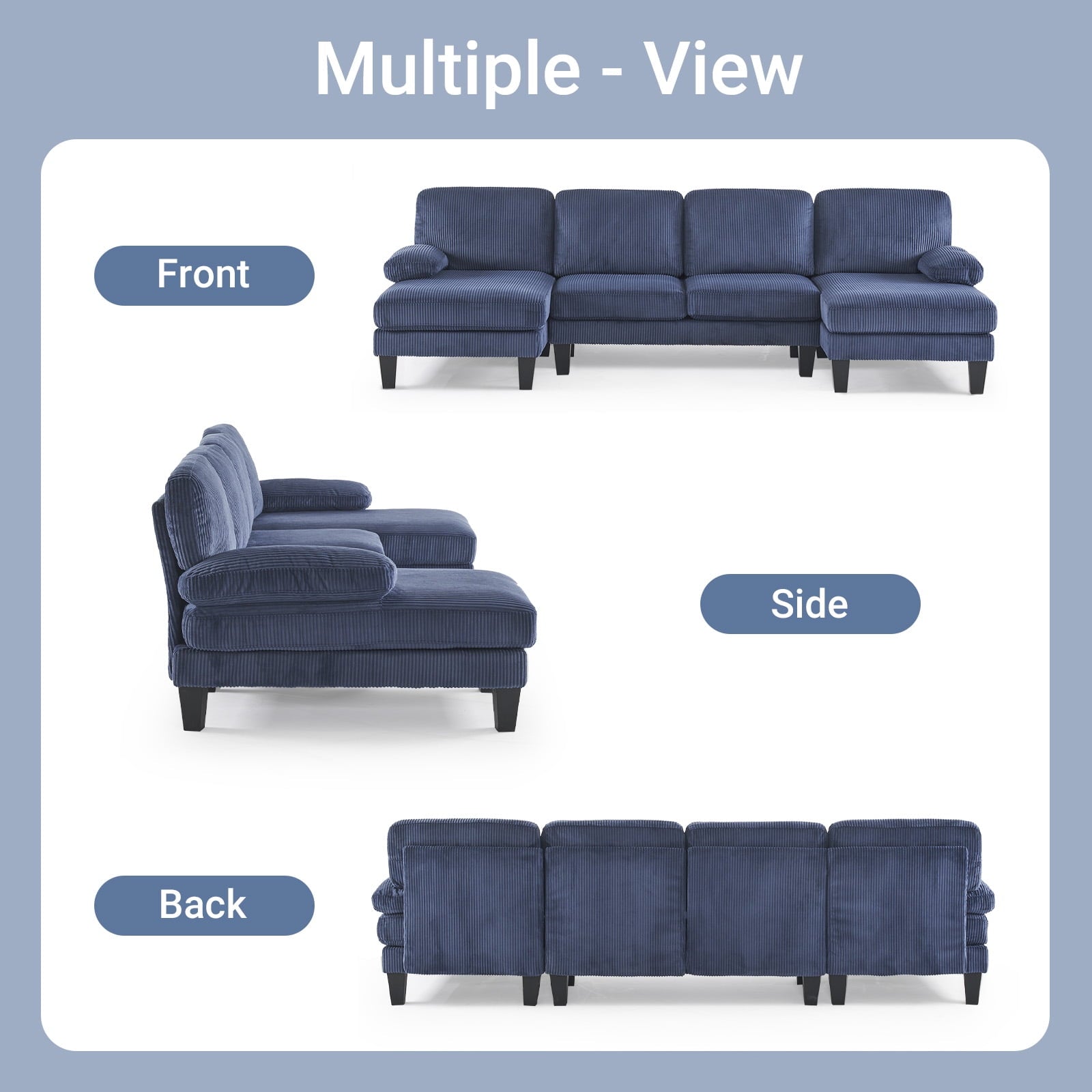 Ktaxon U-Shaped Sectional Sofa, 111  Chenille Couch, 4 Seat Lounge Sleeper with Double Chaise for Living Room Black