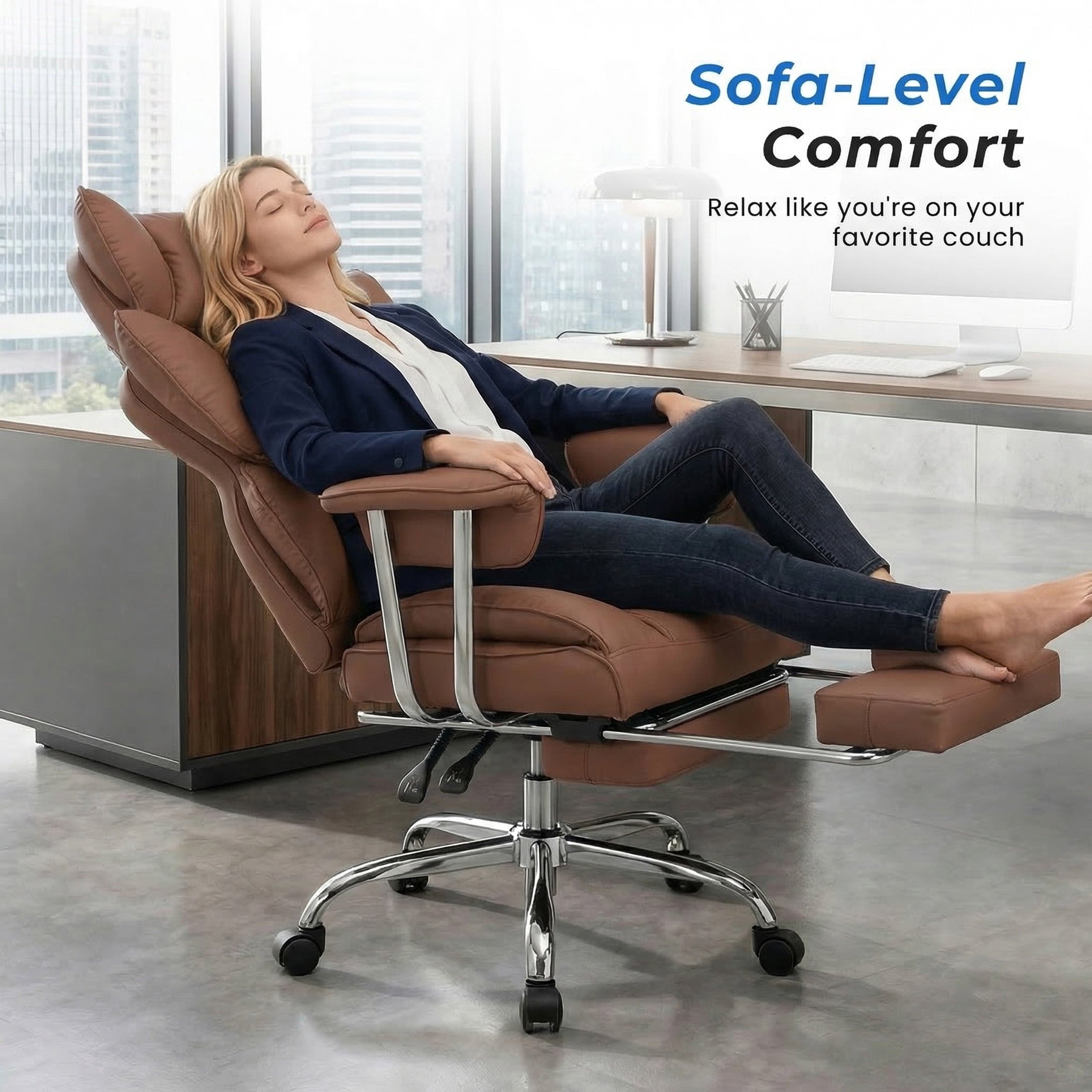 edx Executive Home Office Desk Chair, Ergonomic Big Tall High Back with Footrest & Lumbar Support, Reclining Comfy PU Leather Computer Gaming Chair with Swivel Wheels, Height Adjustable, Black