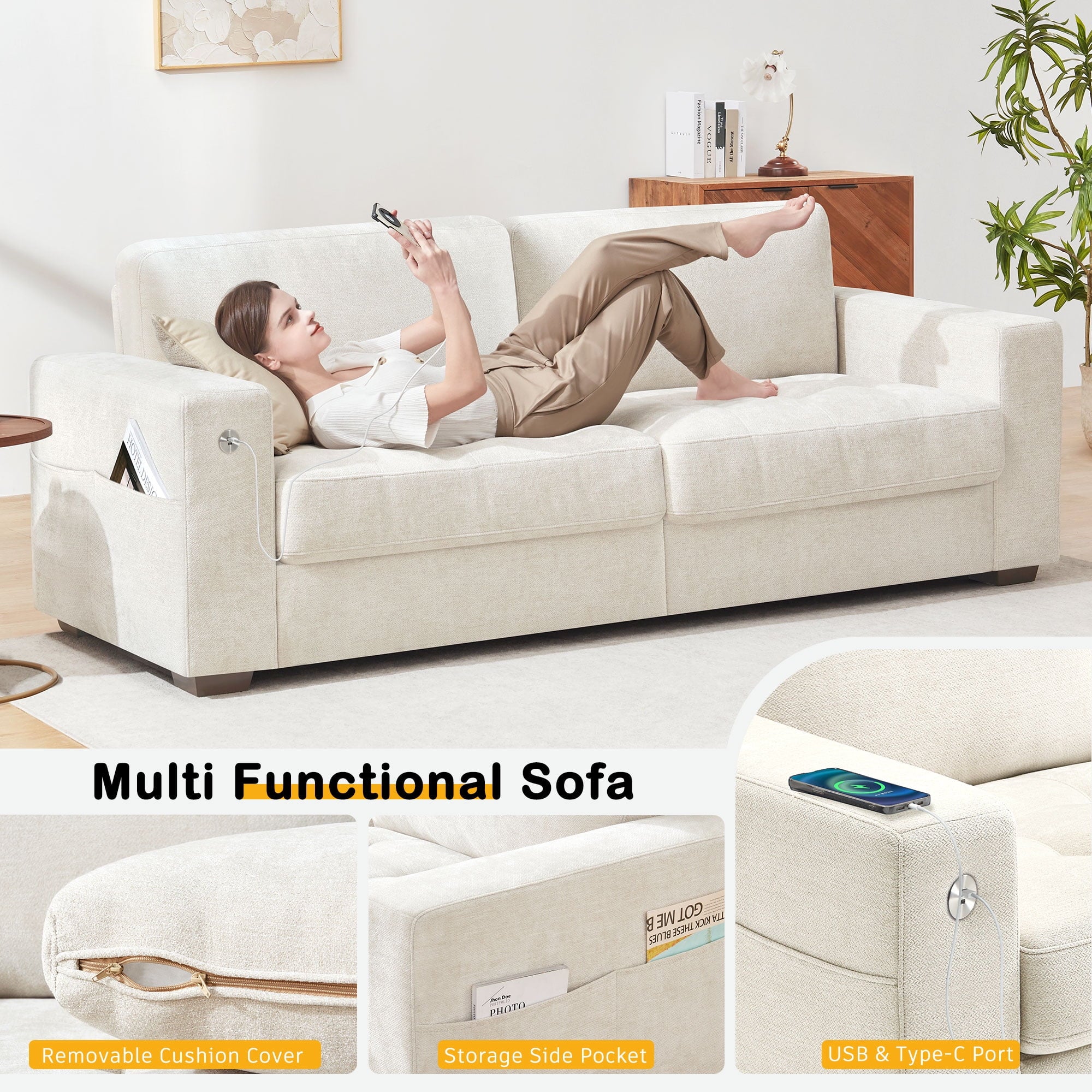 Bedluxury 89 Deep Sofa Couch with USB/Type-C Charging, Storage Pocket & Wide Armrest, Removable Cover, Seats 3 Adults, Chenille Beige