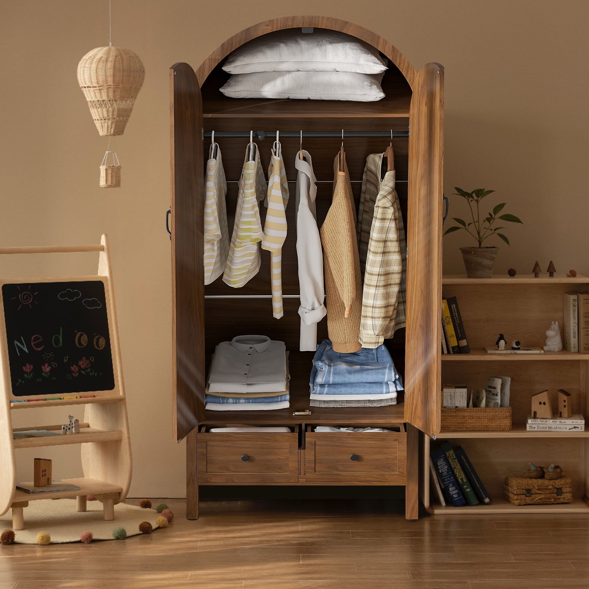 Oubayajia Arched Armoire Wardrobe Closet with Fluted Doors, Wooden Wardrobe Closet with Drawers, Shelves and Hanging Rod for Bedroom