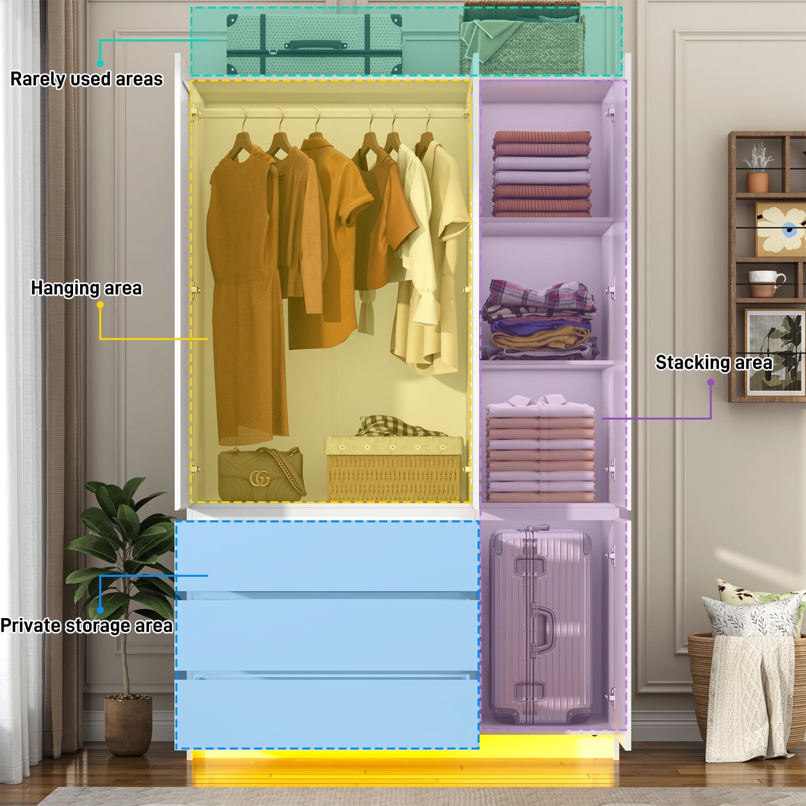 75 Tall 3 Doors Armoire Wardrobe Closet with  3 Drawers and Mirror, Large Wardrobe Closet for Bedroom with LED Lights, Wooden Armoire Storage Cabinet with Hanging Rod, Adjustable shelves (White)
