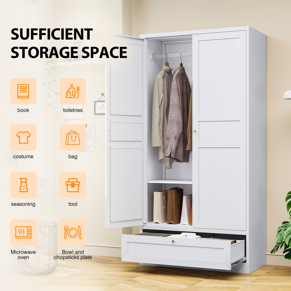 STANI Metal Wardrobe Closet with Hanging Rod, 72 White Armoire Wardrobe Cabinet with Adjustable Shelves, Clothes Storage Organizer Cabinets for Bedroom, Bathroom, Office
