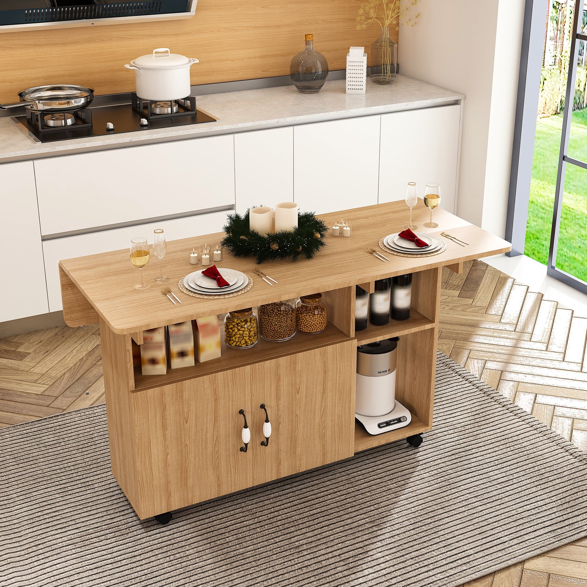 Wohh 47 Inch Folding Dining Table with Storage Shelves & Wheels, Multifunctional Kitchen Desk for Small Spaces, Compact Mobile Computer Desk for Home Office, Dorm, Adjustable Foldable Study Table