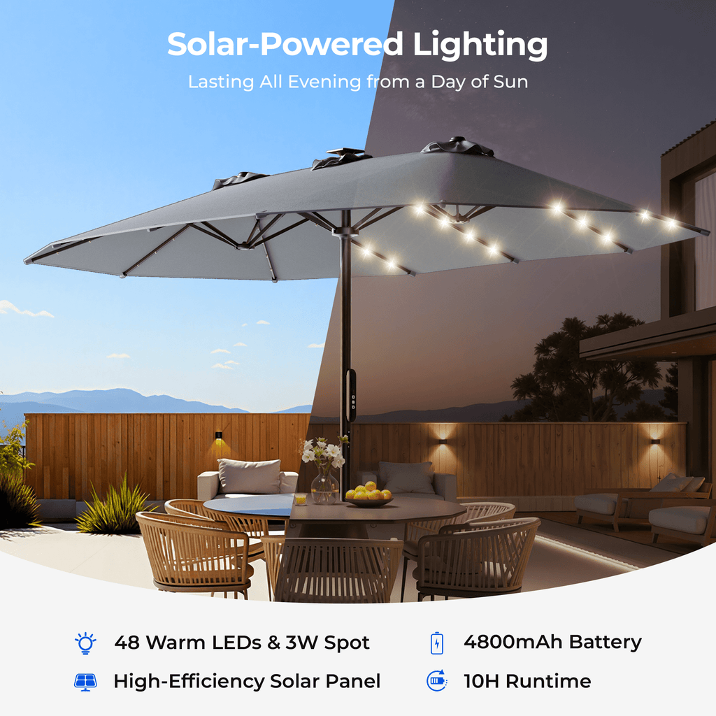 15ft Smart Electric Patio Umbrella, Large Double Sided Rectangular Outdoor Patio Umbrella with Light and Base for Lawn, Garden, Backyard,Beige