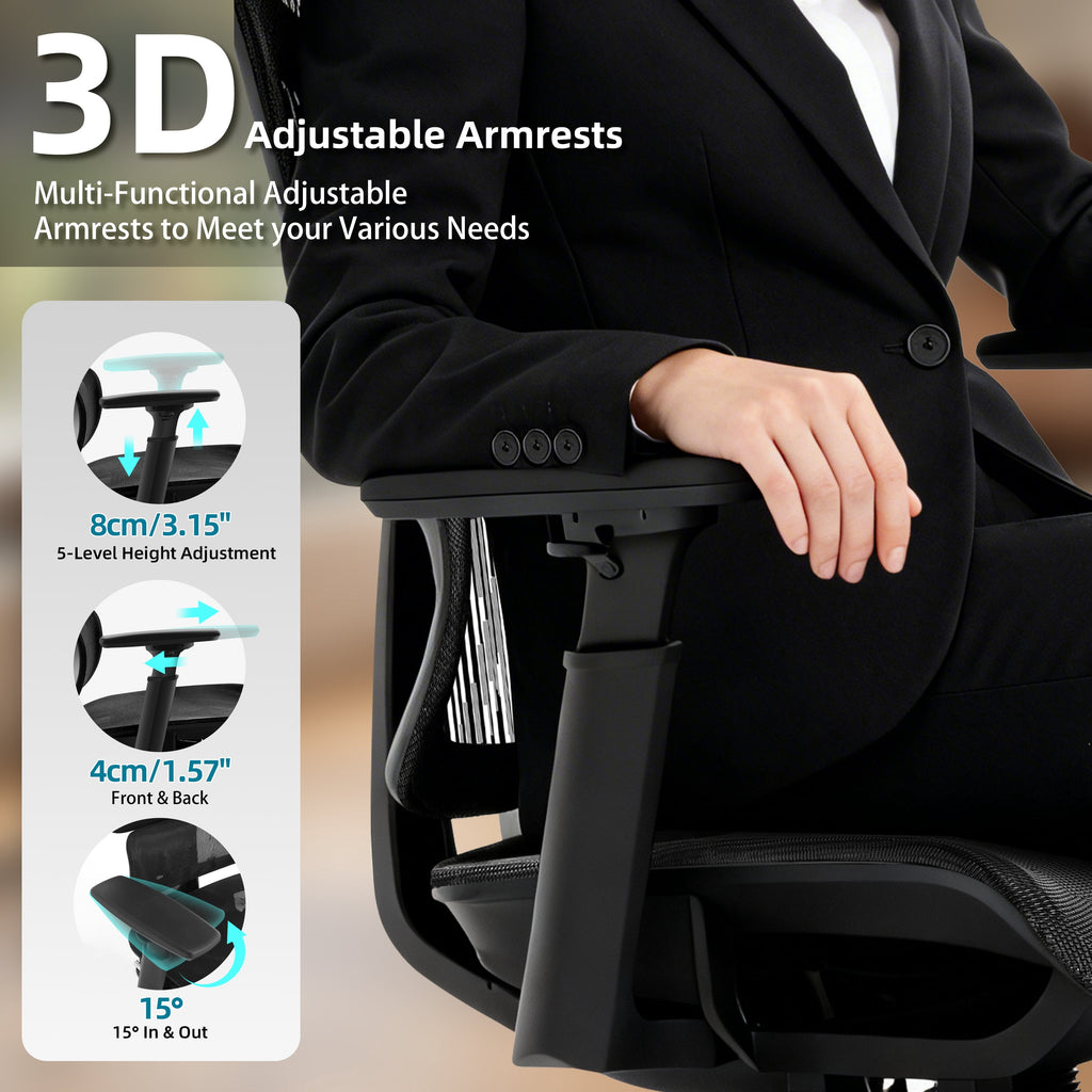 Nexthro Ergonomic Office Chair Mesh Chair with High Back Adjustable Headrest, Lumbar Support, 3D Armrest & Footrest, Swivel Computer Desk Chair(Black)