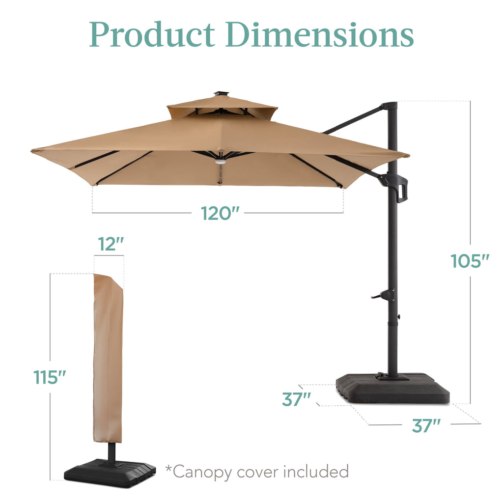 Best Choice Products 10x10ft 2-Tier Square Outdoor Solar LED Cantilever Patio Umbrella w/ Base Included - Tan