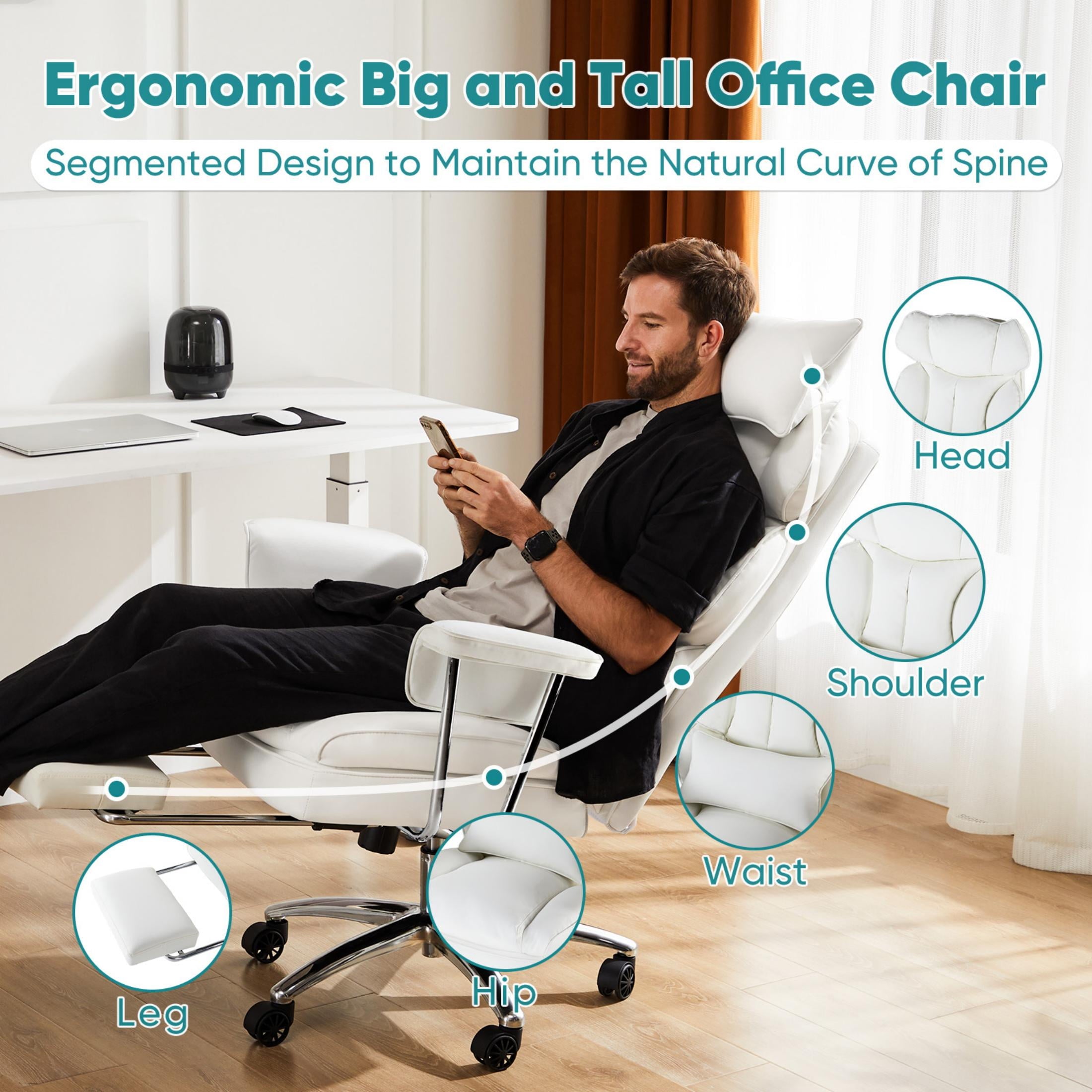 edx Executive Home Office Desk Chair, Ergonomic Big Tall High Back with Footrest & Lumbar Support, Reclining Comfy PU Leather Computer Gaming Chair with Swivel Wheels, Height Adjustable, Black