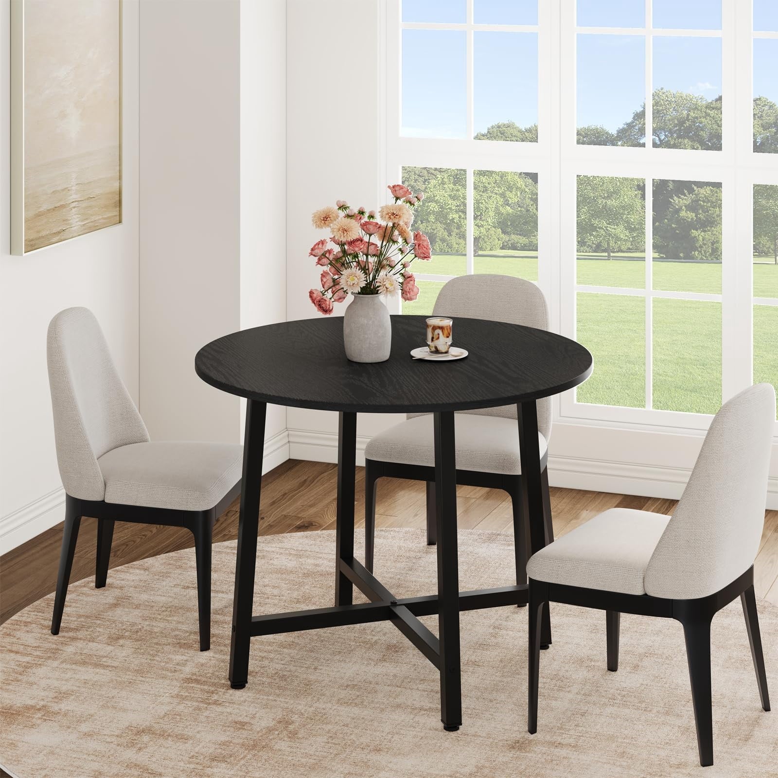 31.5 Round Dining Table for 4 People, Modern Wood Circle Kitchen Table with Sturdy Industrial Metal Frame, Small Space Saving Dining Room Table for Apartment & Breakfast Nook, (No Chairs), Walnut